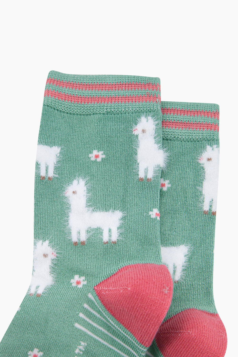 Llama-Floral-Fluffy-Bamboo-Socks-in-Green-Closeup