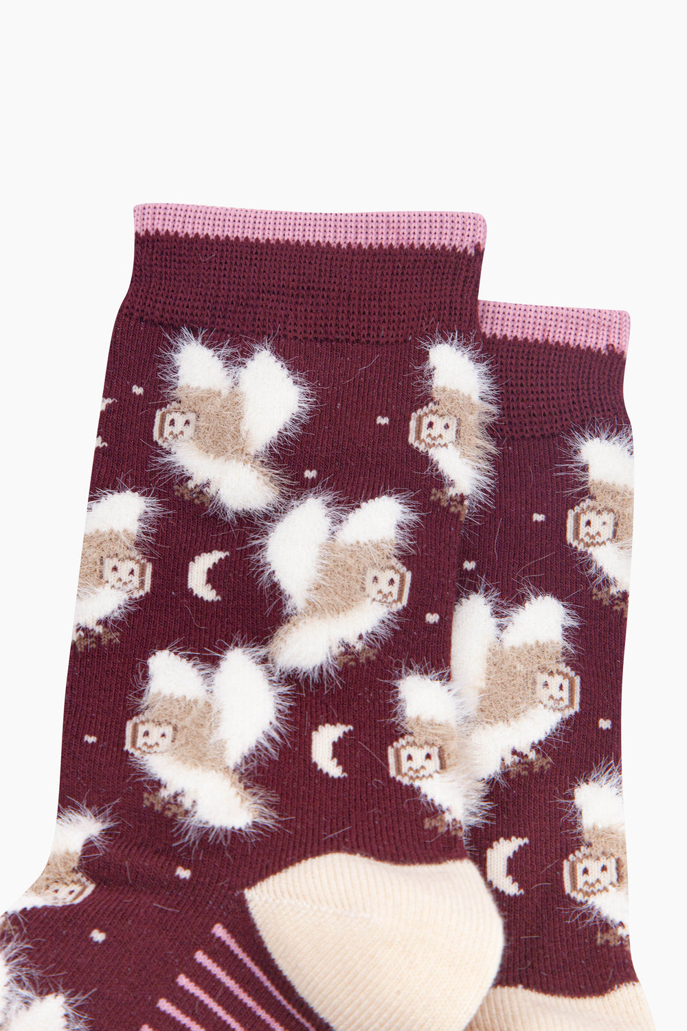 Owl-Bamboo-Fluffy-Socks-in-Burgundy-Close-Up