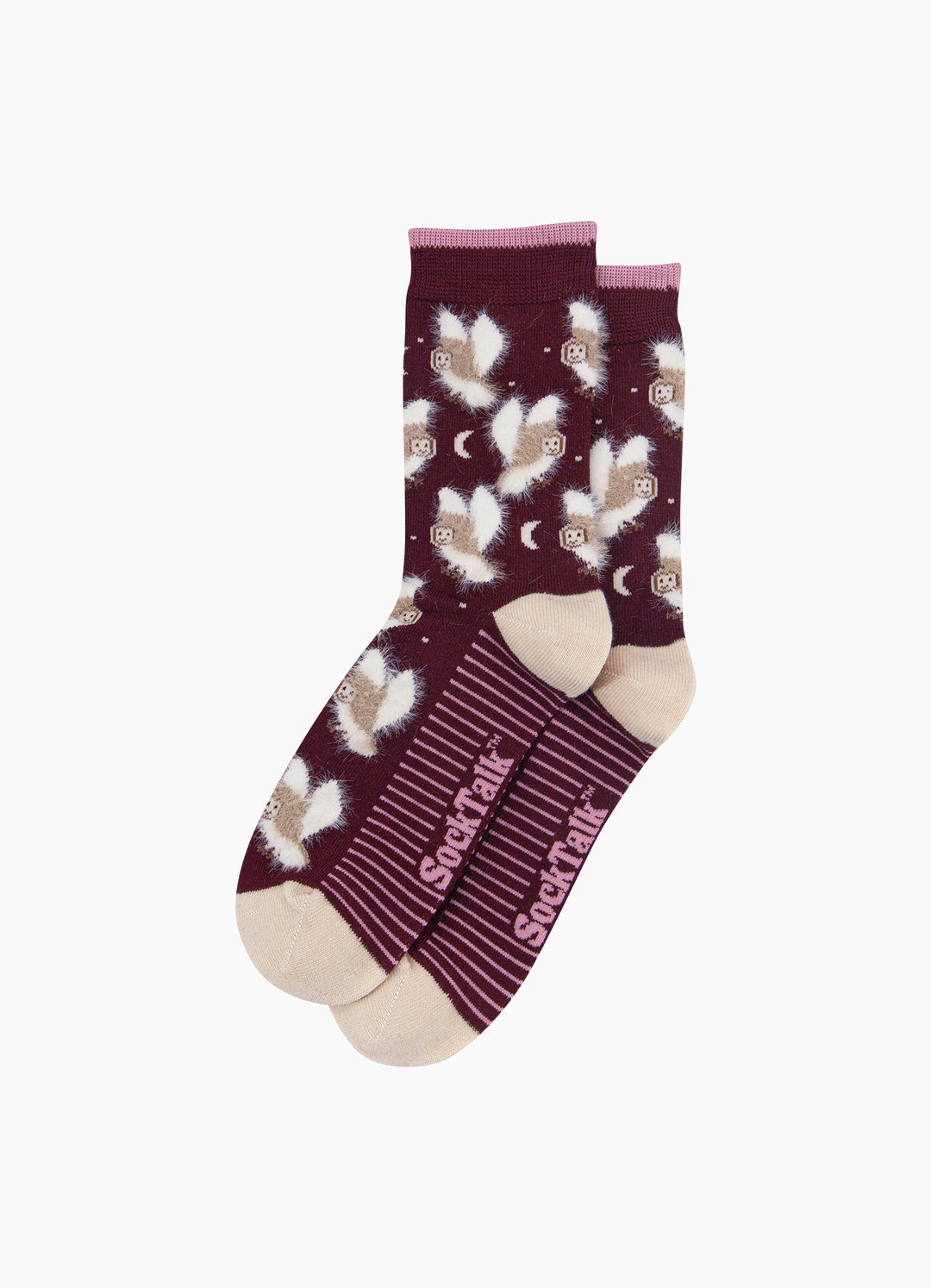Owl-Bamboo-Fluffy-Socks-in-Burgundy-Laid-Flat