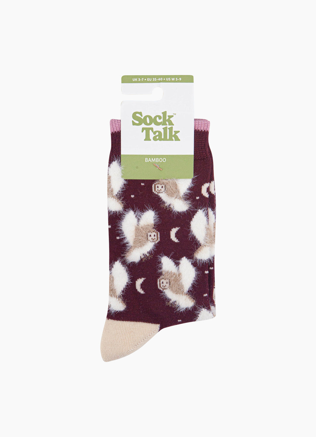 Owl-Bamboo-Fluffy-Socks-in-Burgundy-In-Packaging