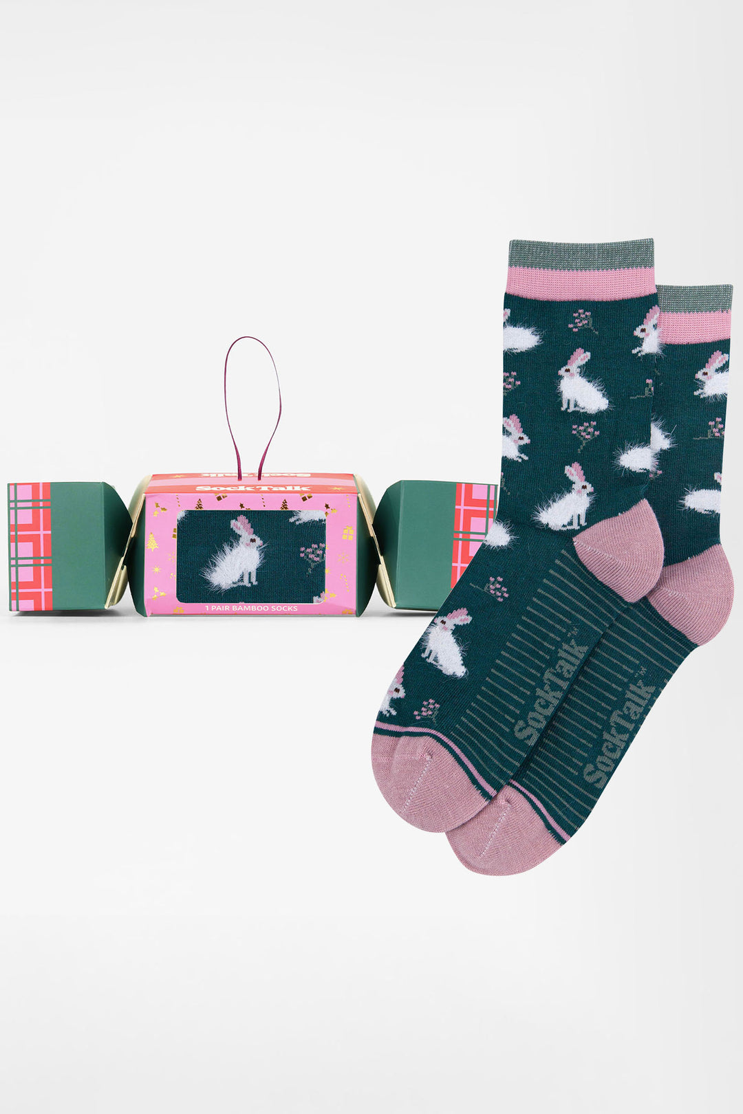 Rabbit-Fluffy-Bamboo-Crew-Socks-Christmas-Cracker-Gift-Box-in-Green
