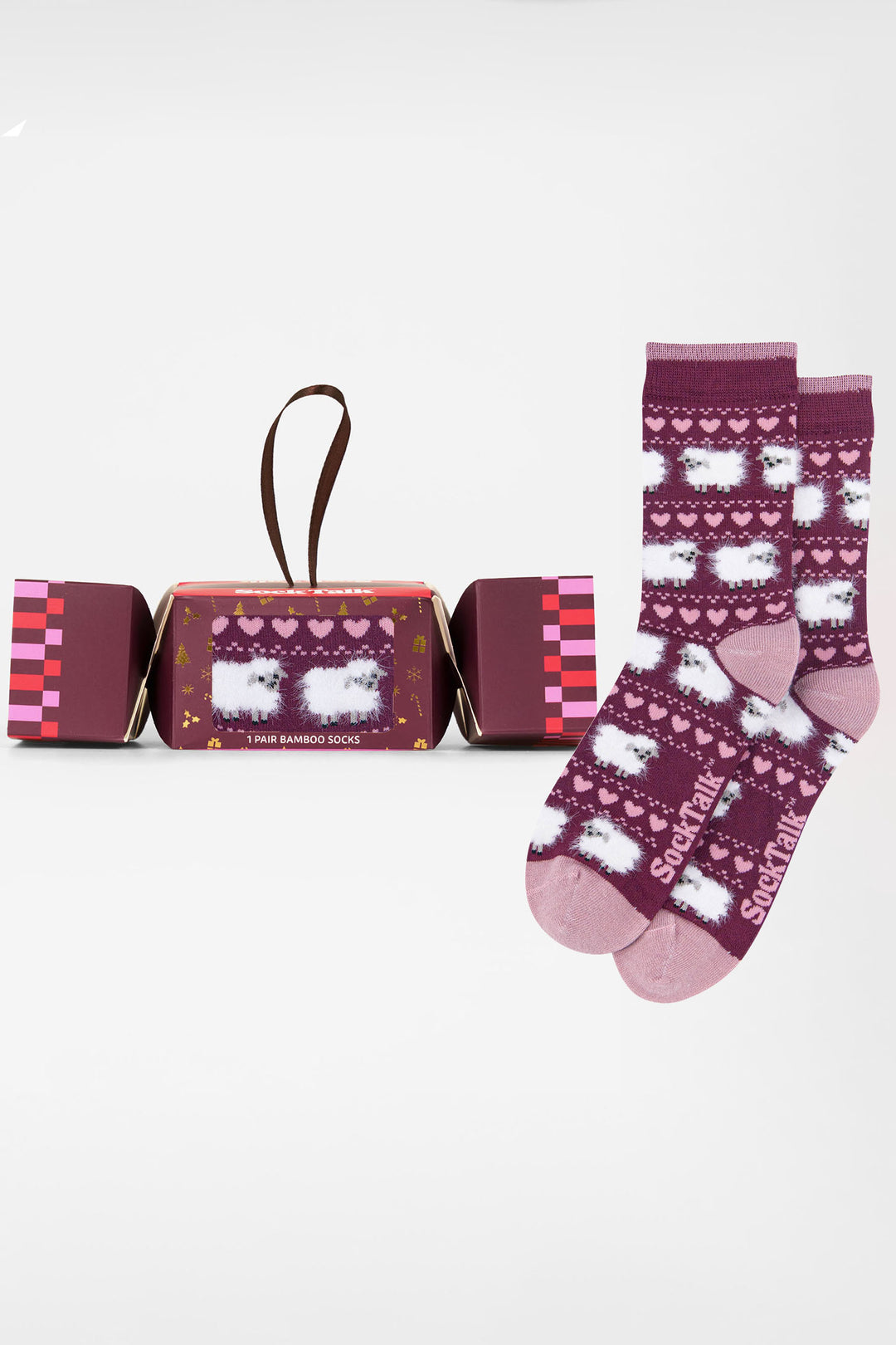Sheep-Fair-isle-Fluffy-Bamboo-Crew-Socks-Christmas-Cracker-Gift-Box-in-Berry