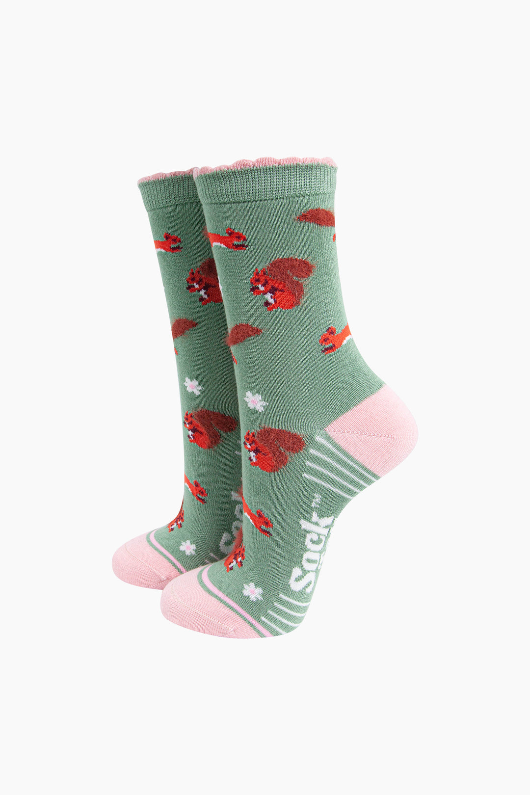 Squirrel-Floral-Fluffy-Bamboo-Socks-in-Green-Mannequin