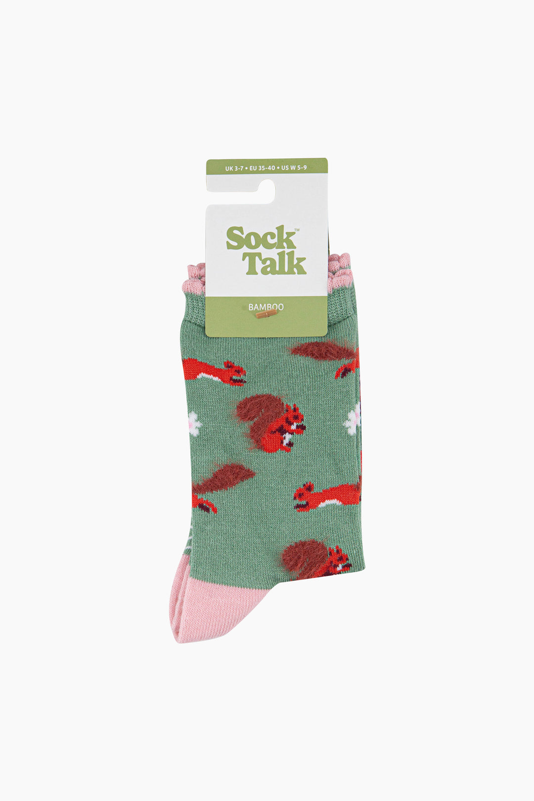 Squirrel-Floral-Fluffy-Bamboo-Socks-in-Green-in-packaging