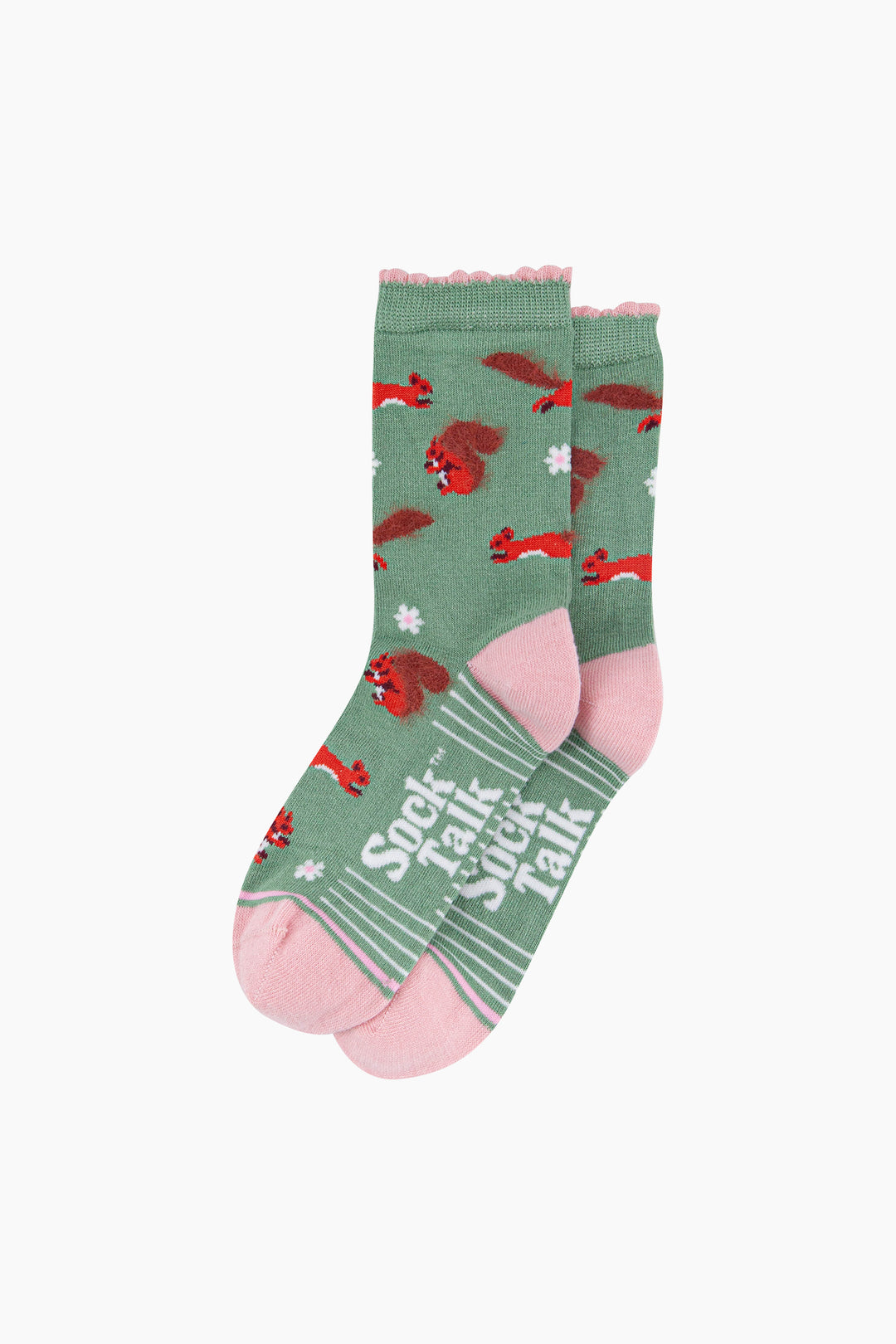 Squirrel-Floral-Fluffy-Bamboo-Socks-in-Green-laying-flat