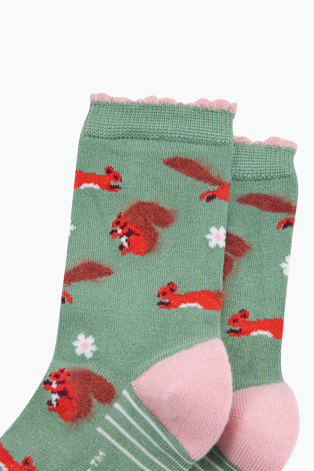 Squirrel-Floral-Fluffy-Bamboo-Socks-in-Green-closeup