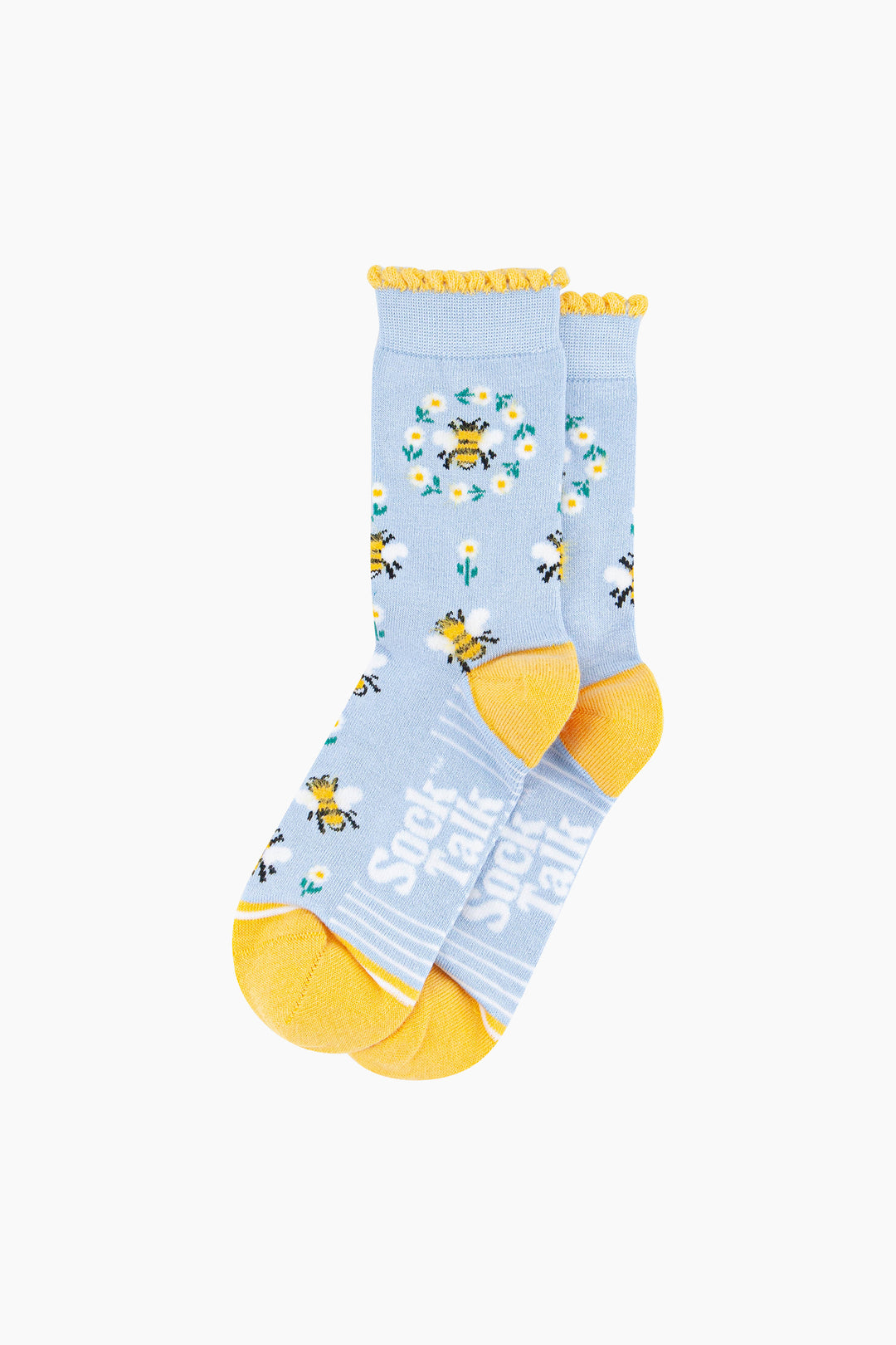 Bee-Wreath-Fluffy-Bamboo-Socks-in-Blue-Lying-Flat