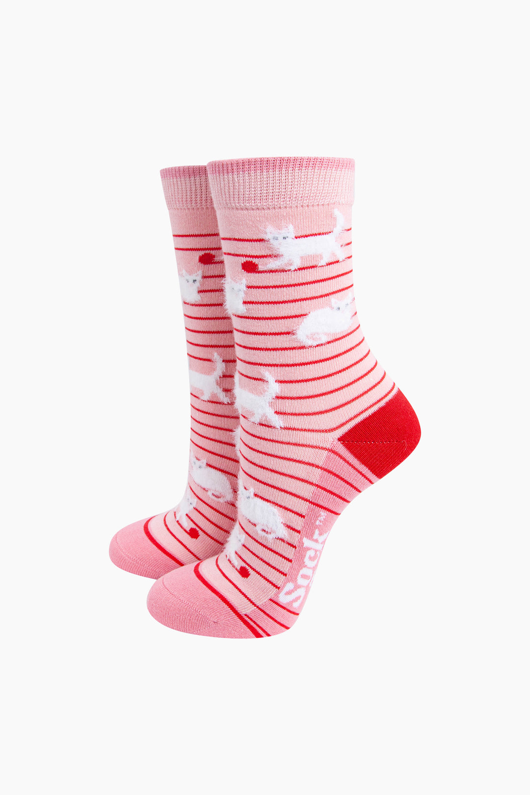 Cat-Stripe-Bamboo-Fluffy-Crew-Socks-for-Women-Pink-On-Mannequin