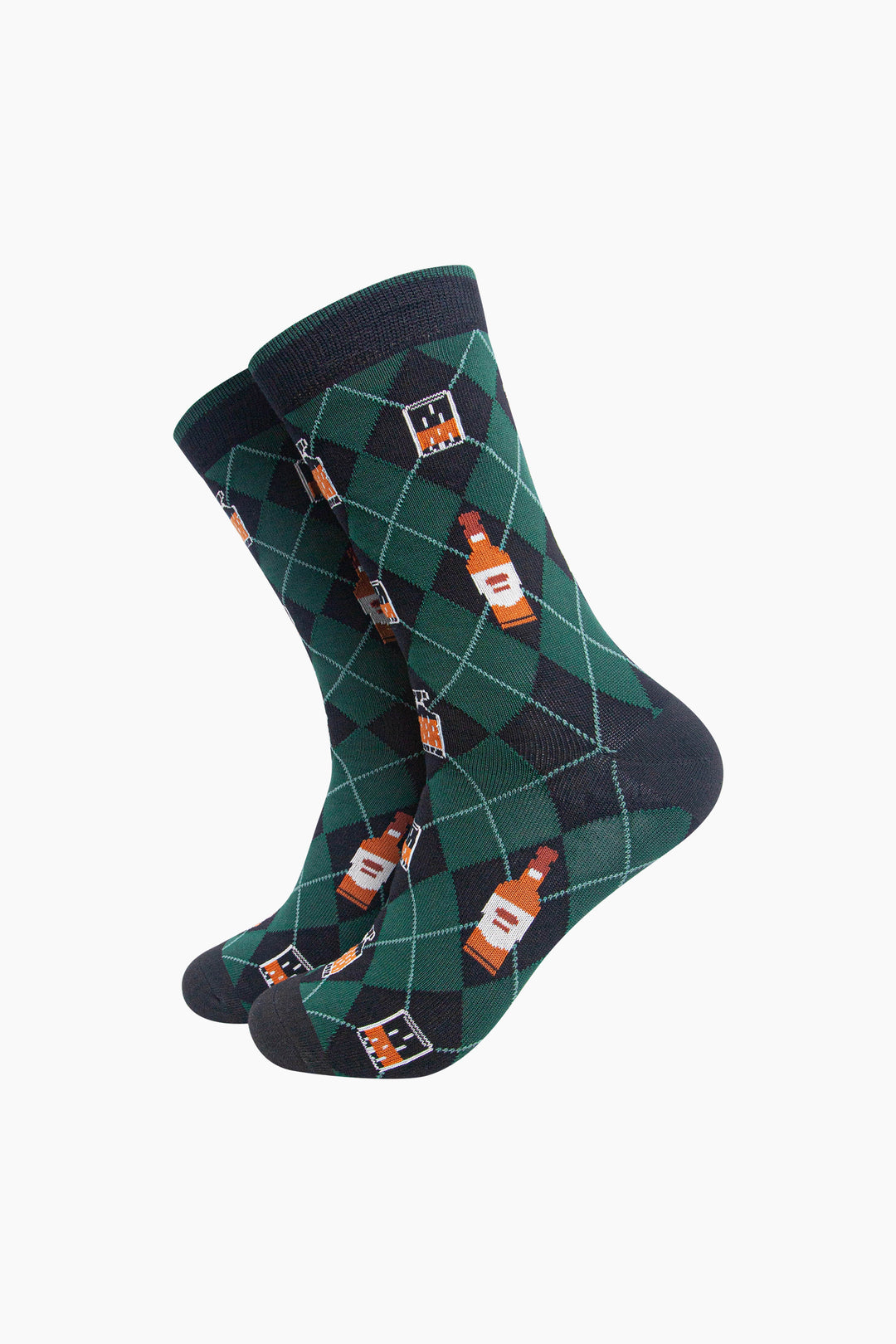 Whisky-Argyle-Men's-Bamboo-Socks-in-Black/Green-On-Mannequin