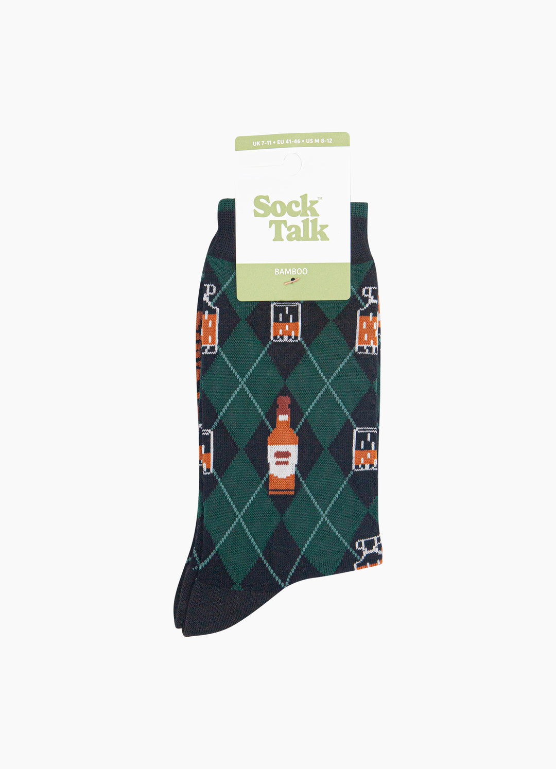Whisky-Argyle-Men's-Bamboo-Socks-in-Black/Green-In-Packaging