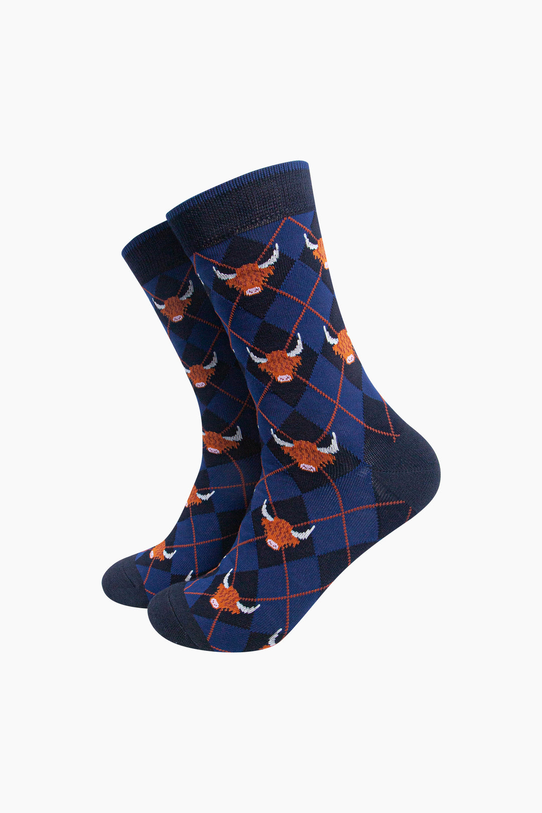 Highland Cow Argyle Men's Bamboo Socks in Navy Blue
