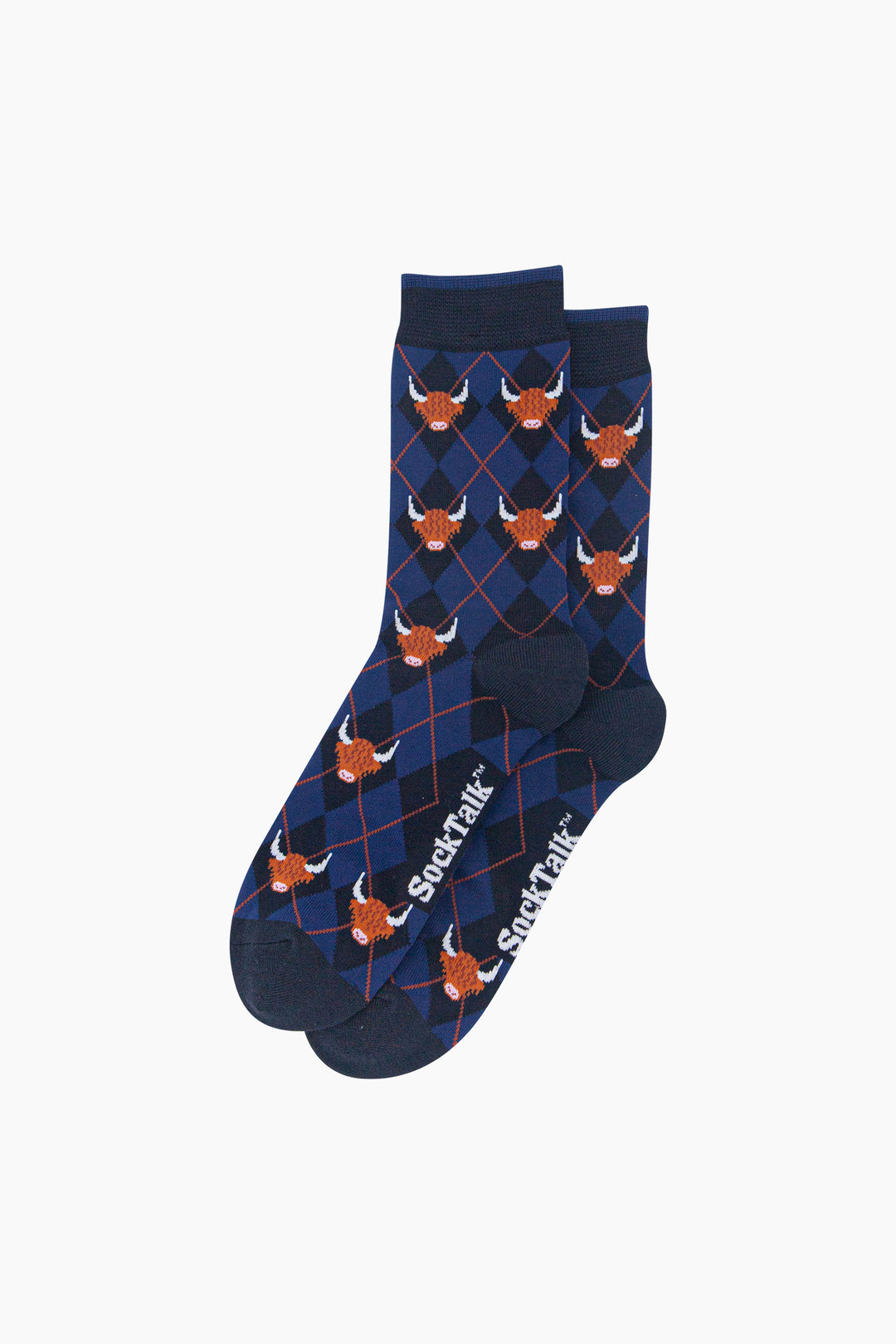 Highland-Cow-Argyle-Men's-Bamboo-Socks-in-Navy-Blue-Laid-Flat