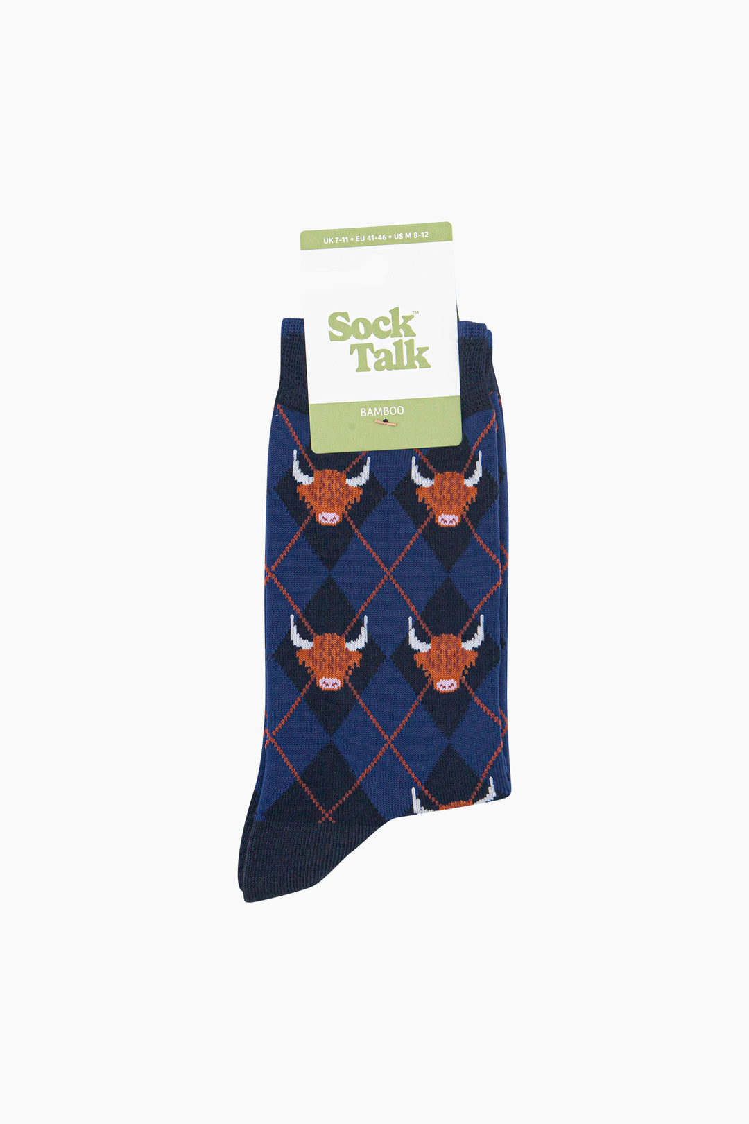 Highland-Cow-Argyle-Men's-Bamboo-Socks-in-Navy-Blue-In-Packaging
