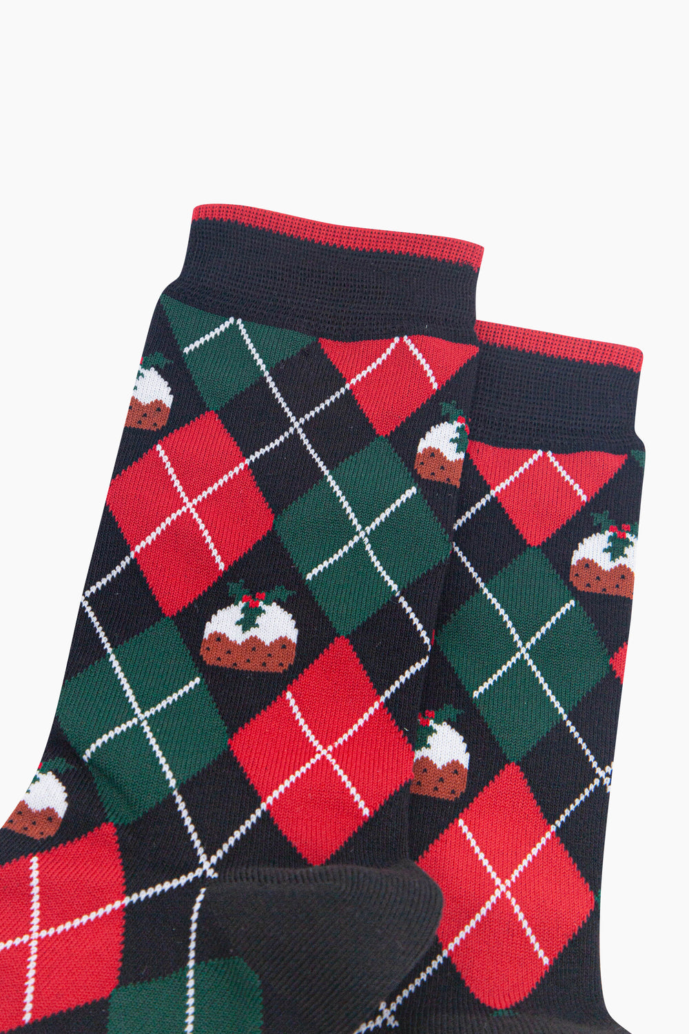 Christmas-Pudding-Argyle-Men's-Bamboo-Socks-in-Black/Green/Red-Close-Up