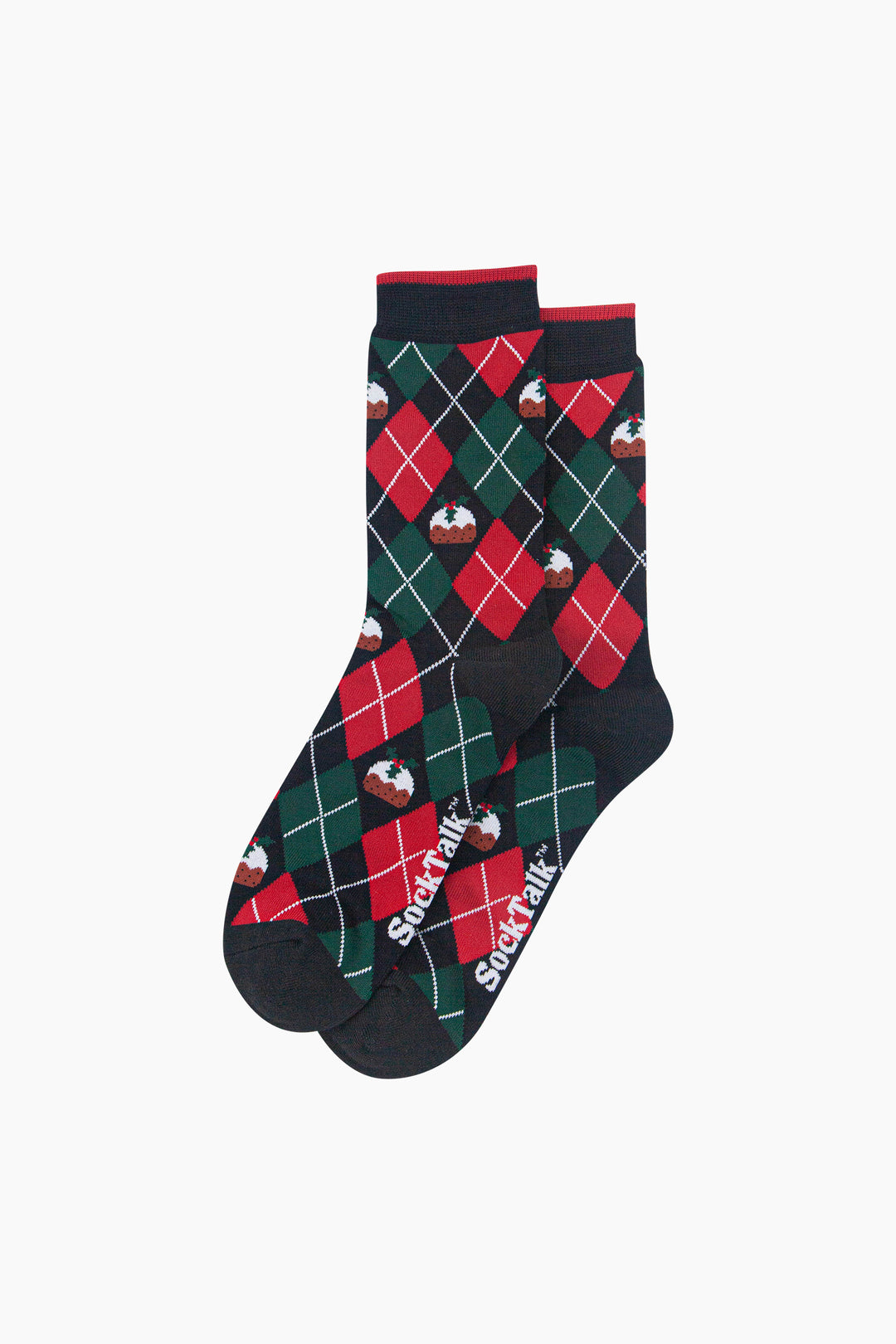 Christmas-Pudding-Argyle-Men's-Bamboo-Socks-in-Black/Green/Red-Laid-Flat