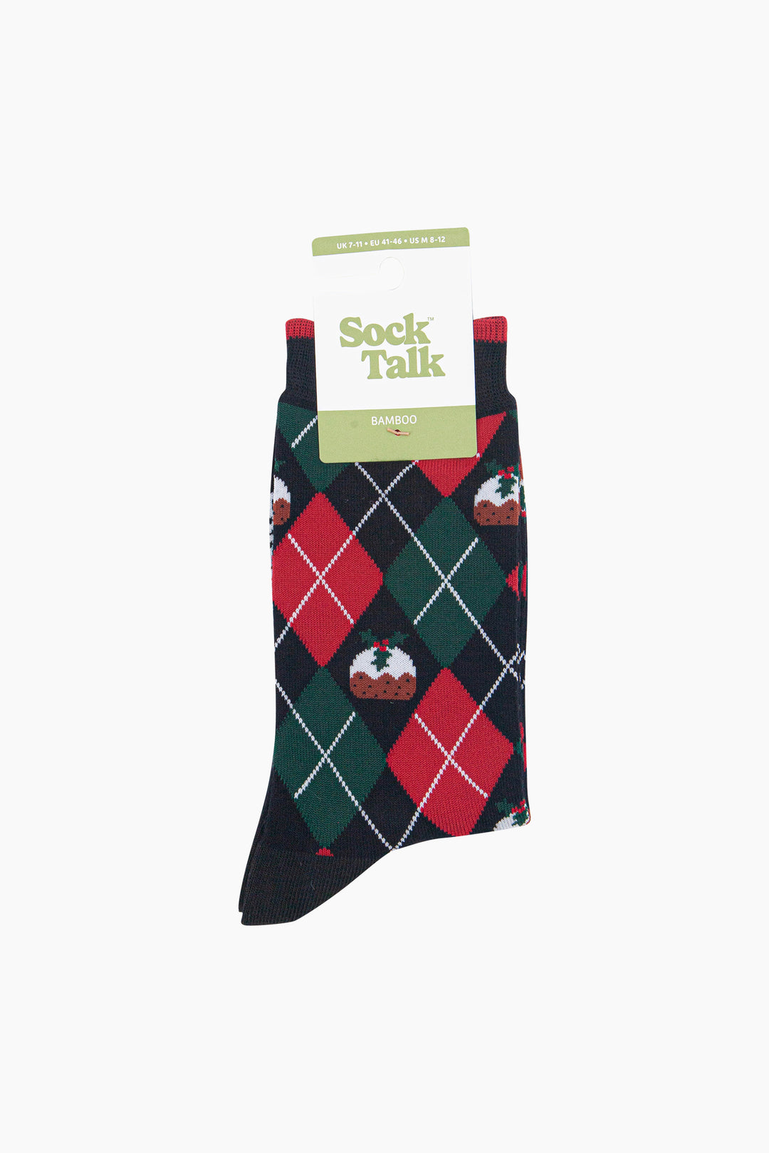 Christmas-Pudding-Argyle-Men's-Bamboo-Socks-in-Black/Green/Red-In-Packaging
