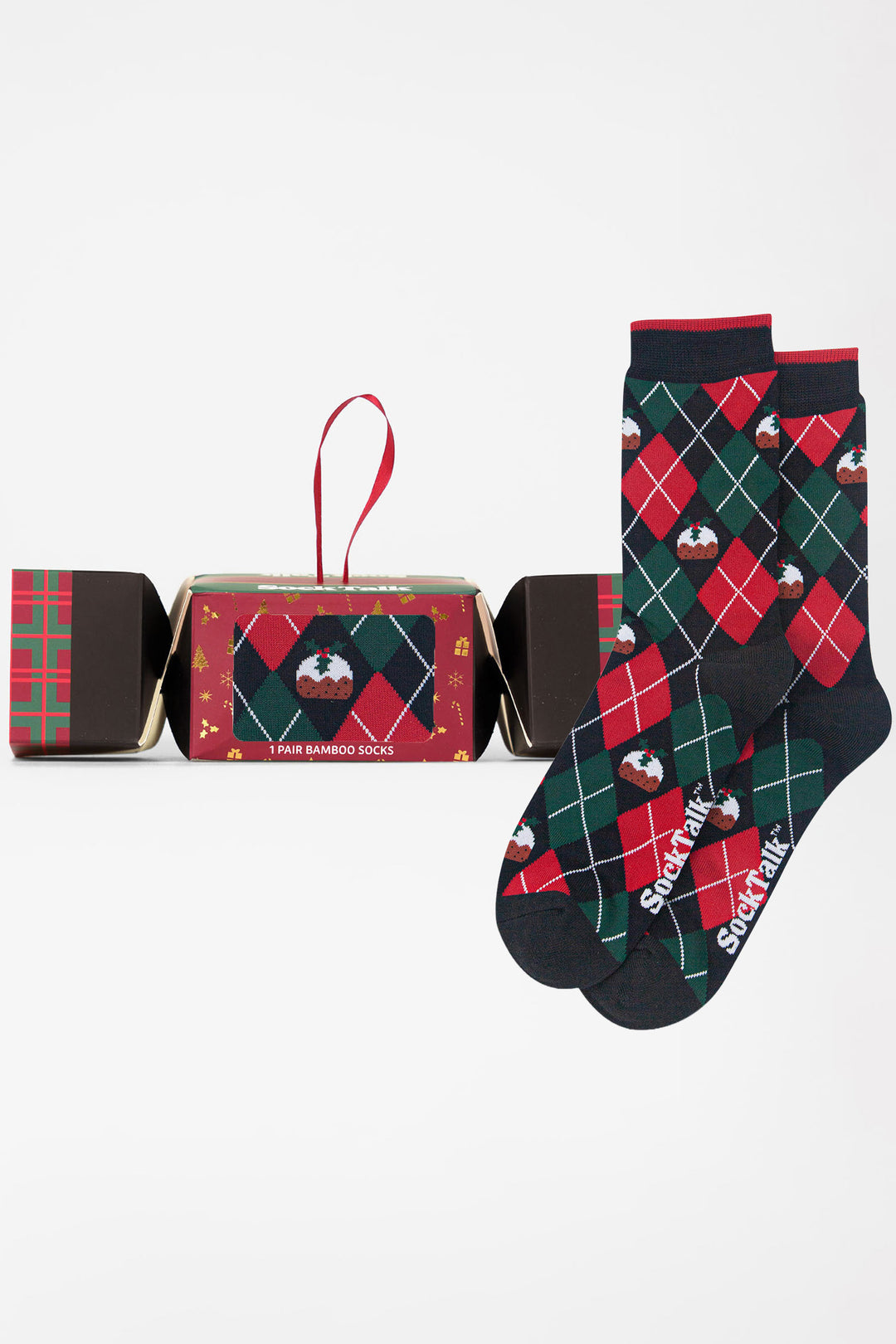 Argyle-Christmas-Pudding-Bamboo-Crew-Socks-Christmas-Cracker-Gift-Box-in-Black