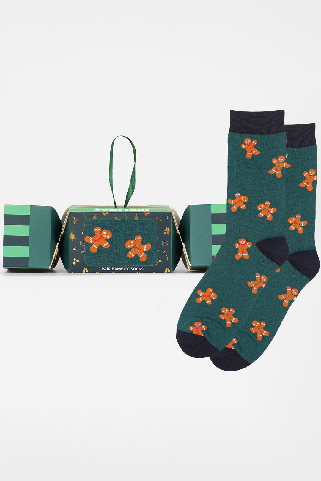 Gingerbread-Men-Cookie-Bamboo-Crew-Socks-Christmas-Cracker-Gift-Box-in-Green