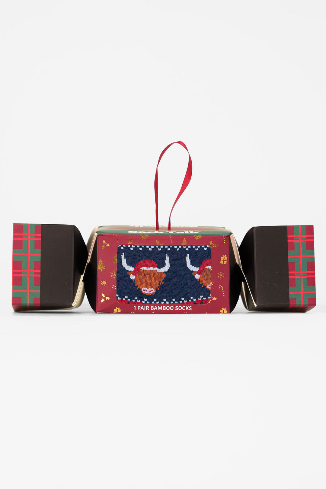 Highland-Cow-Fair-Isle-Bamboo-Crew-Socks-Christmas-Cracker-Gift-Box-in-Navy Blue/Red