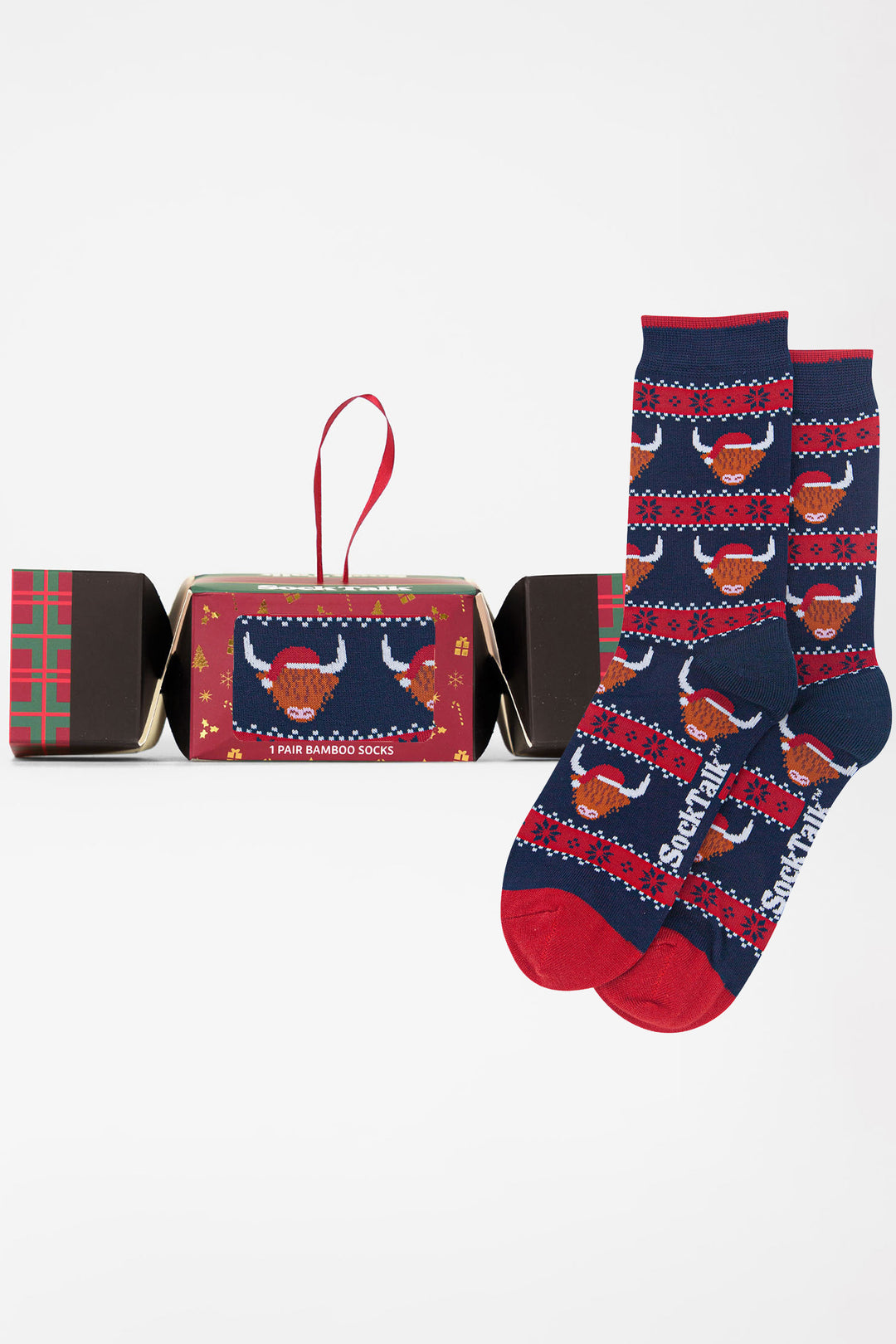Highland-Cow-Fair-Isle-Bamboo-Crew-Socks-Christmas-Cracker-Gift-Box-in-Navy Blue/Red