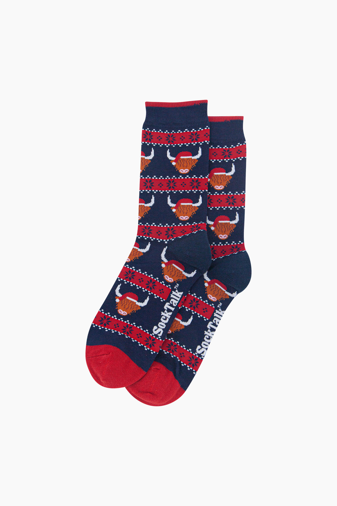 Santa-Highland-Cow-Fair-Isle-Men's-Bamboo-Socks-in-Navy-Blue/Red-Laid-Flat