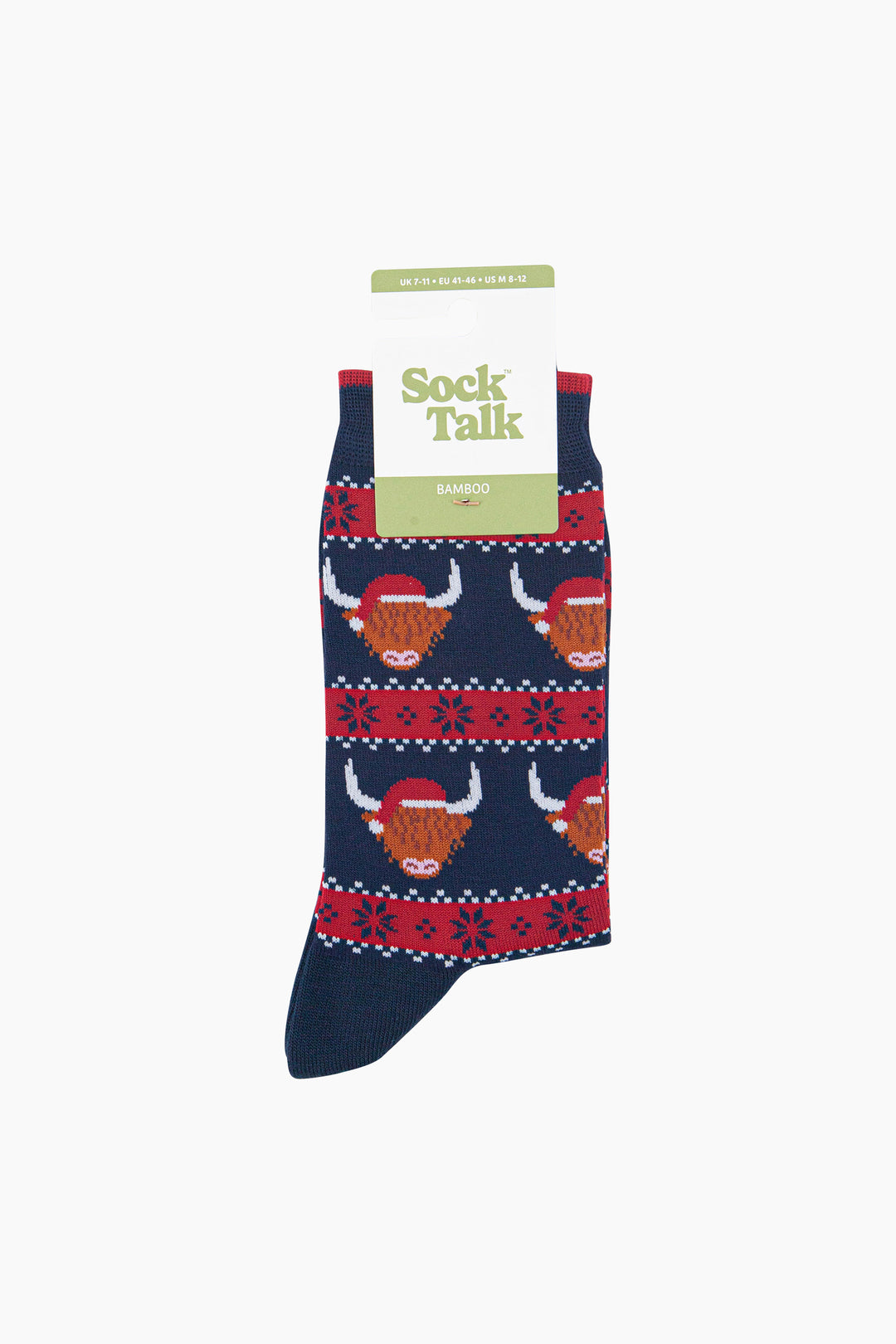 Santa-Highland-Cow-Fair-Isle-Men's-Bamboo-Socks-in-Navy-Blue/Red-In-Packaging