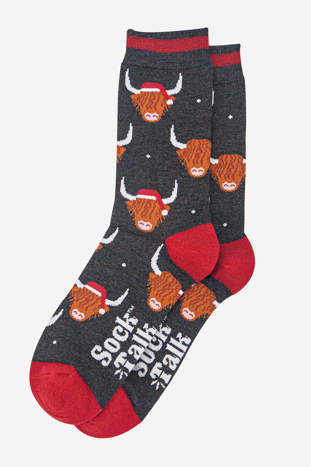 mens-bamboo-socks-black-marl-red-santa-highland-cow-laying-flat