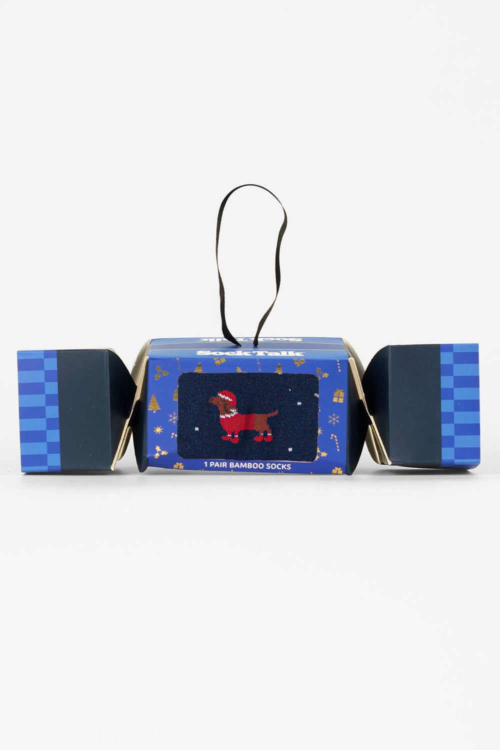 Santa-Sausage-Dog-Bamboo-Crew-Socks-Christmas-Cracker-Gift-Box-in-Navy-Blue