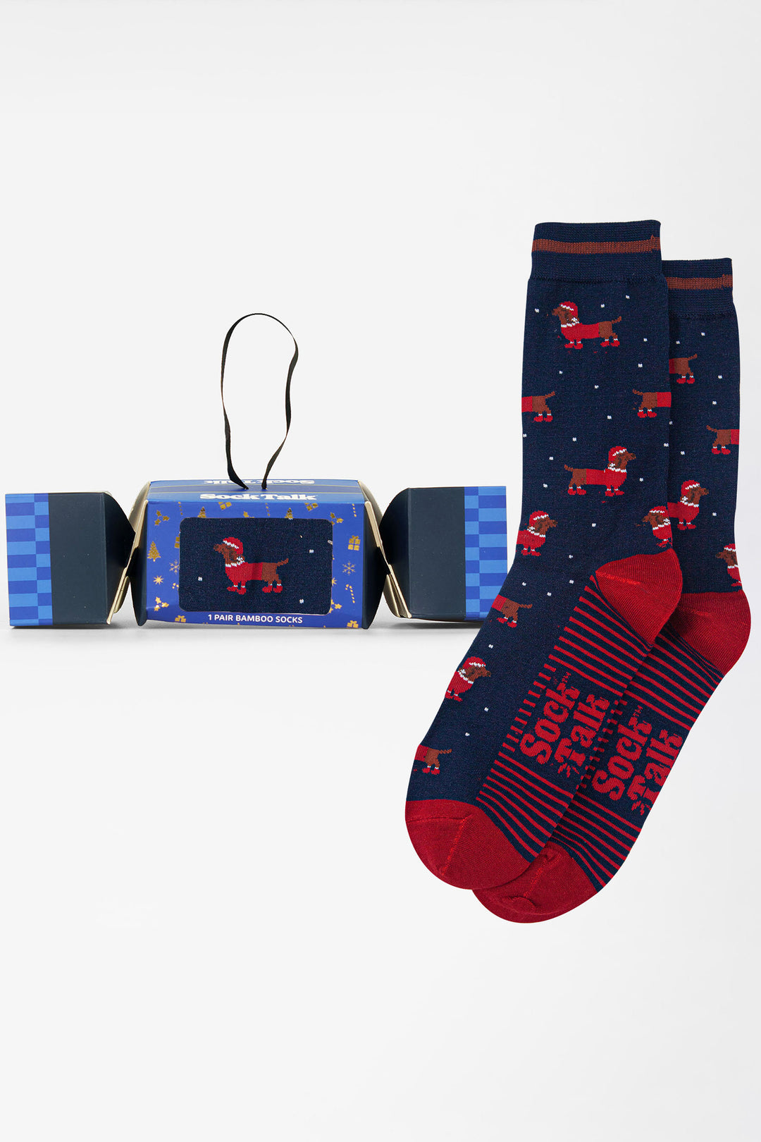Santa-Sausage-Dog-Bamboo-Crew-Socks-Christmas-Cracker-Gift-Box-in-Navy-Blue