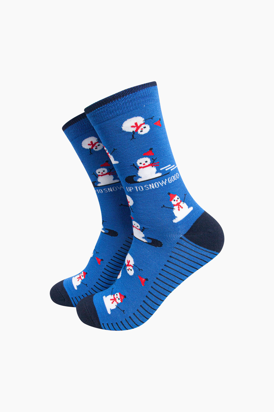 Up-To-Snow-Good-Snowman-Men's-Bamboo-Socks-in-Blue-On-Mannequin
