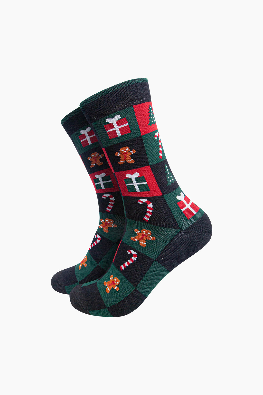 Christmas-Treat-Squares-Men's-Bamboo-Socks-in-Black/Green/Red-On-Mannequin