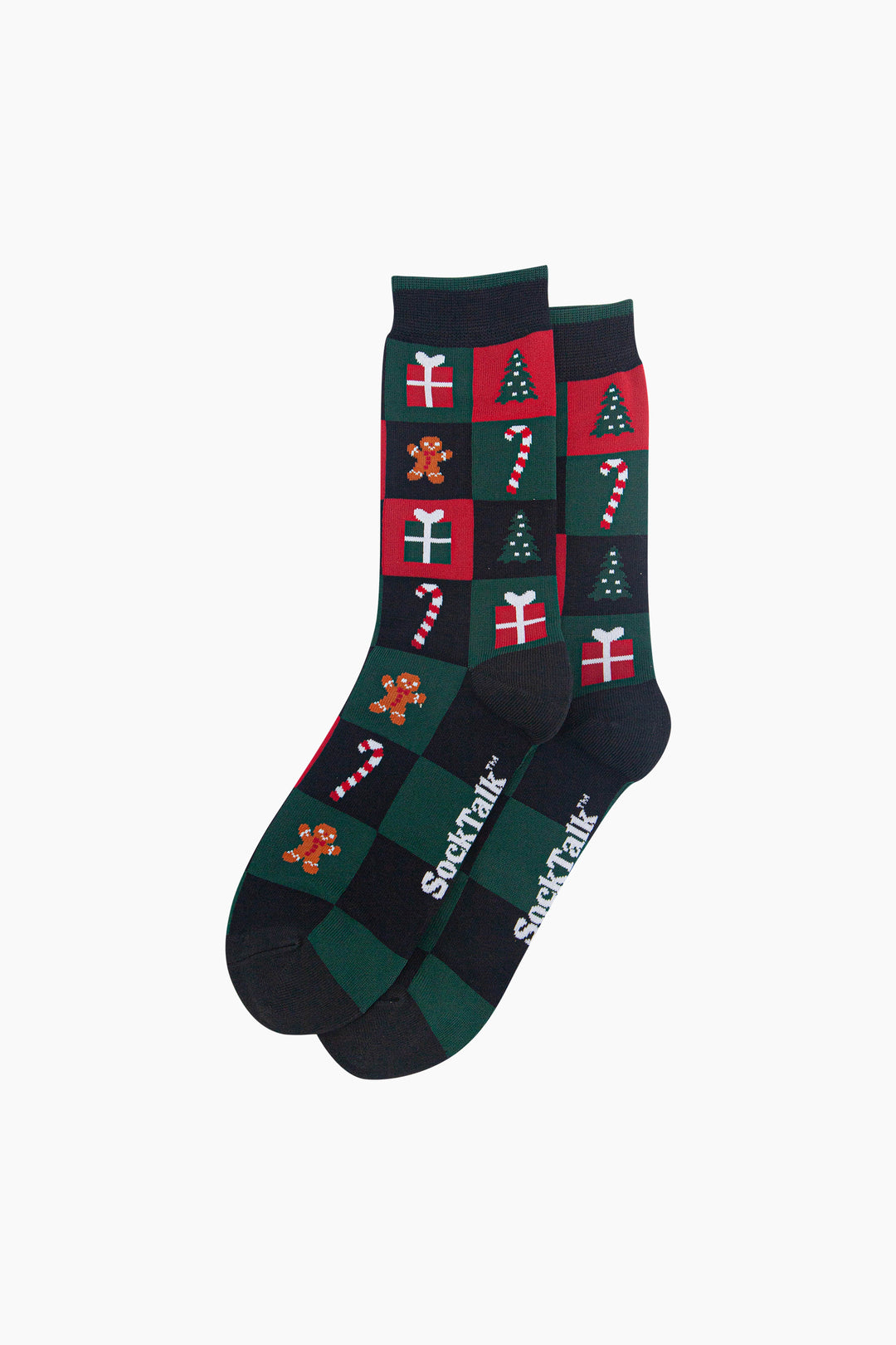 Christmas-Treat-Squares-Men's-Bamboo-Socks-in-Black/Green/Red-Laid-Flat