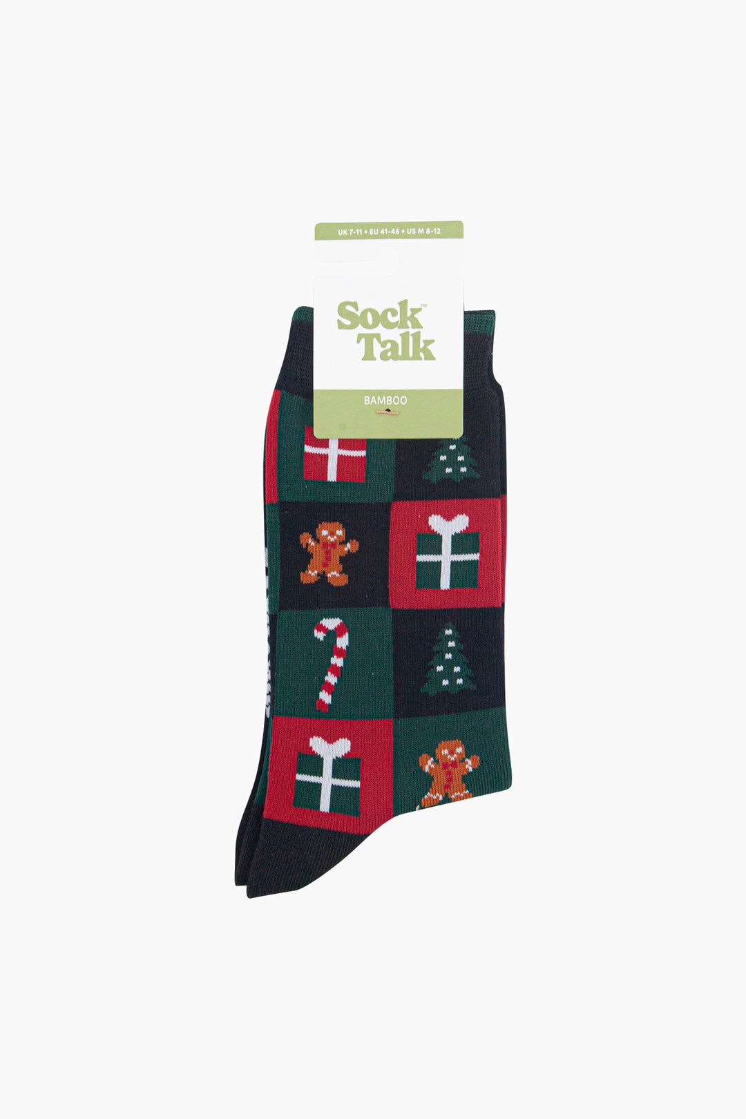 Christmas-Treat-Squares-Men's-Bamboo-Socks-in-Black/Green/Red-In-Packaging
