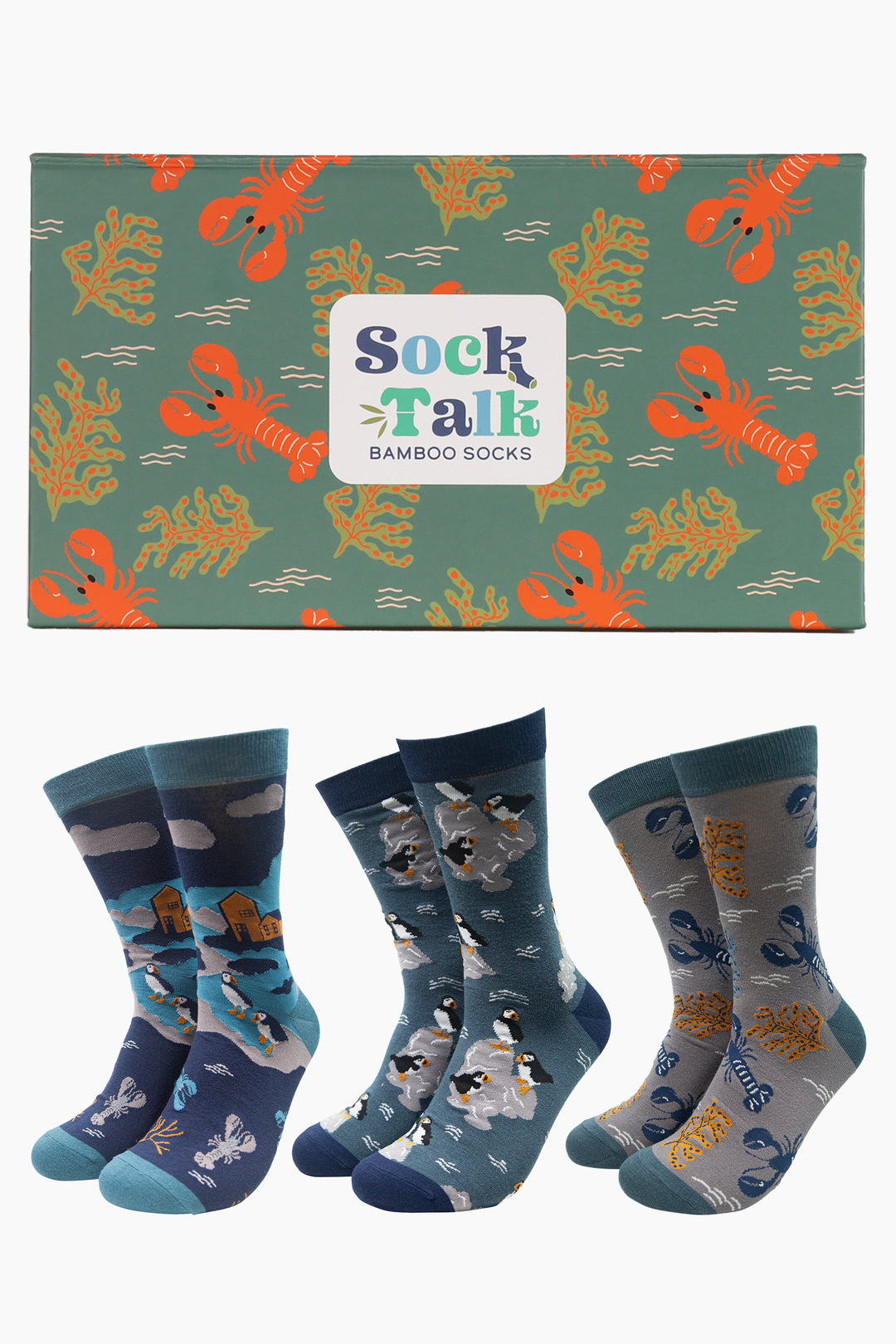 three pairs of mens bamboo socks, featuring lobsters and puffins in a green and red lobster patterned gift box