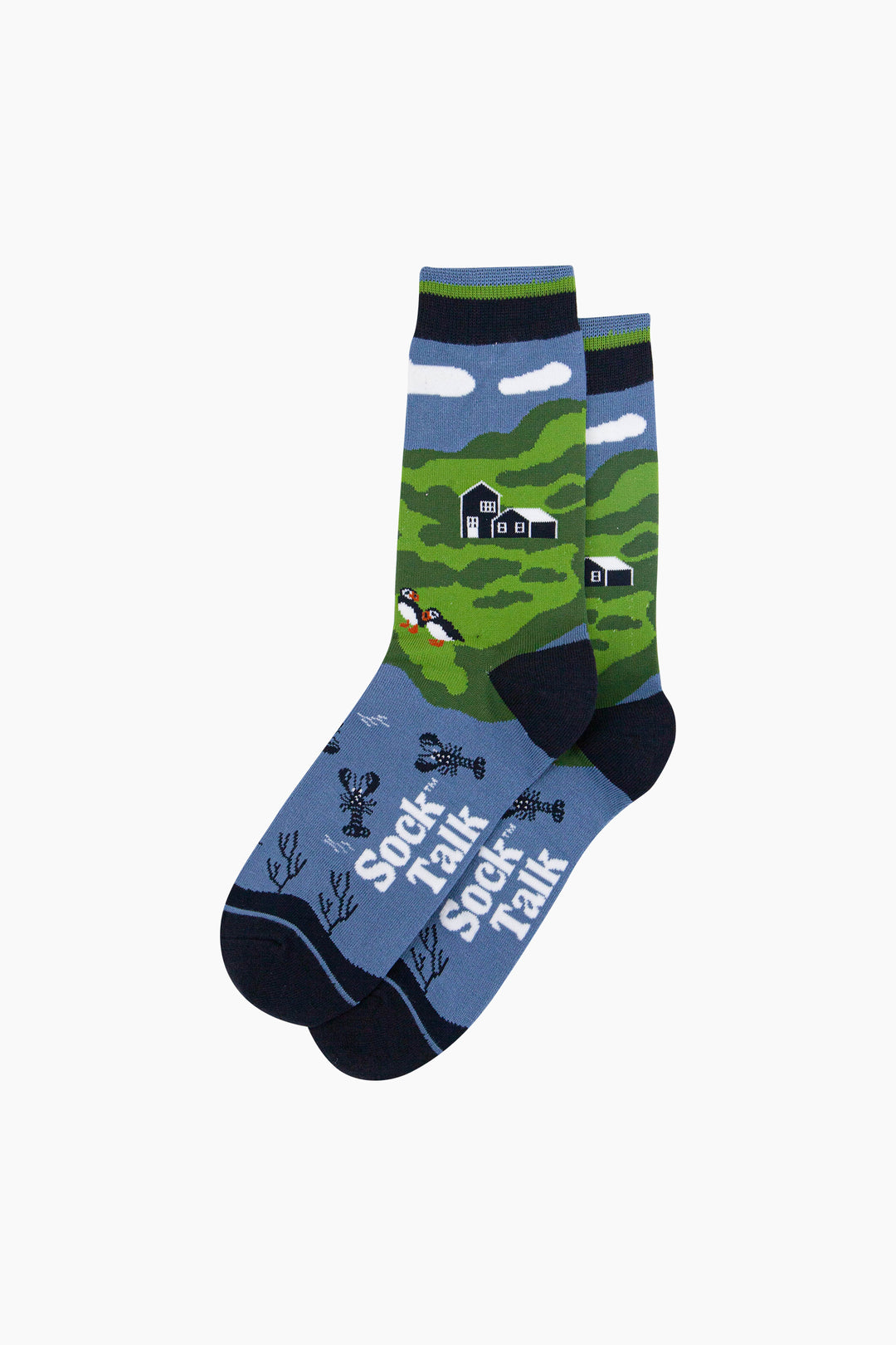 Puffins-&-Lobsters-Bamboo-Socks-in-Green-Lying-Flat