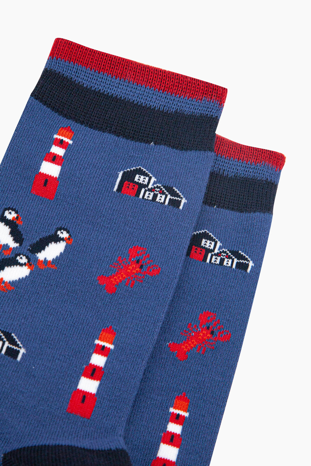 Lighthouse-&-Puffins-Bamboo-Socks-in-Blue-Close-Up
