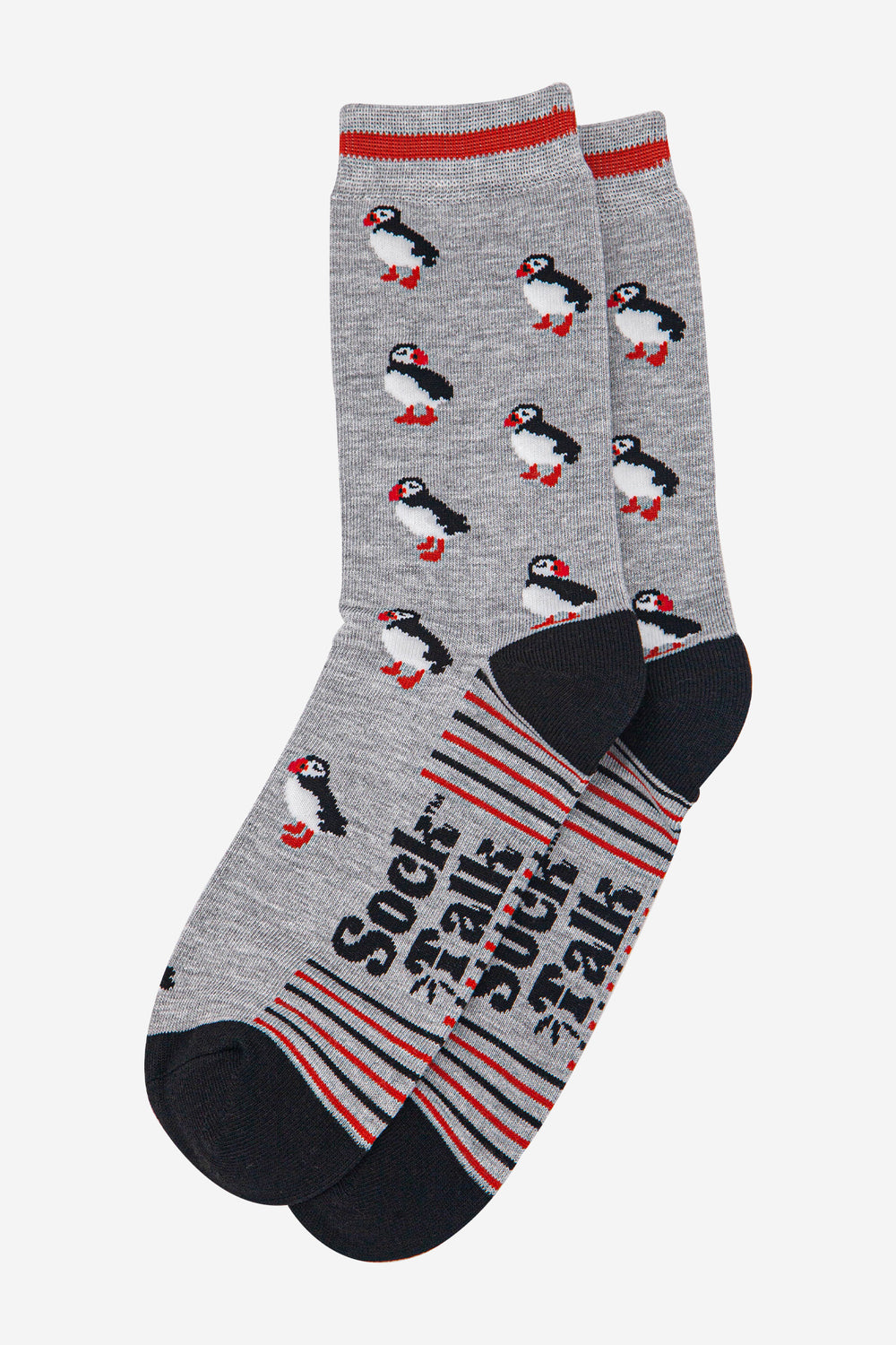 mens-bamboo-socks-light-grey-black-puffins-laying-flat