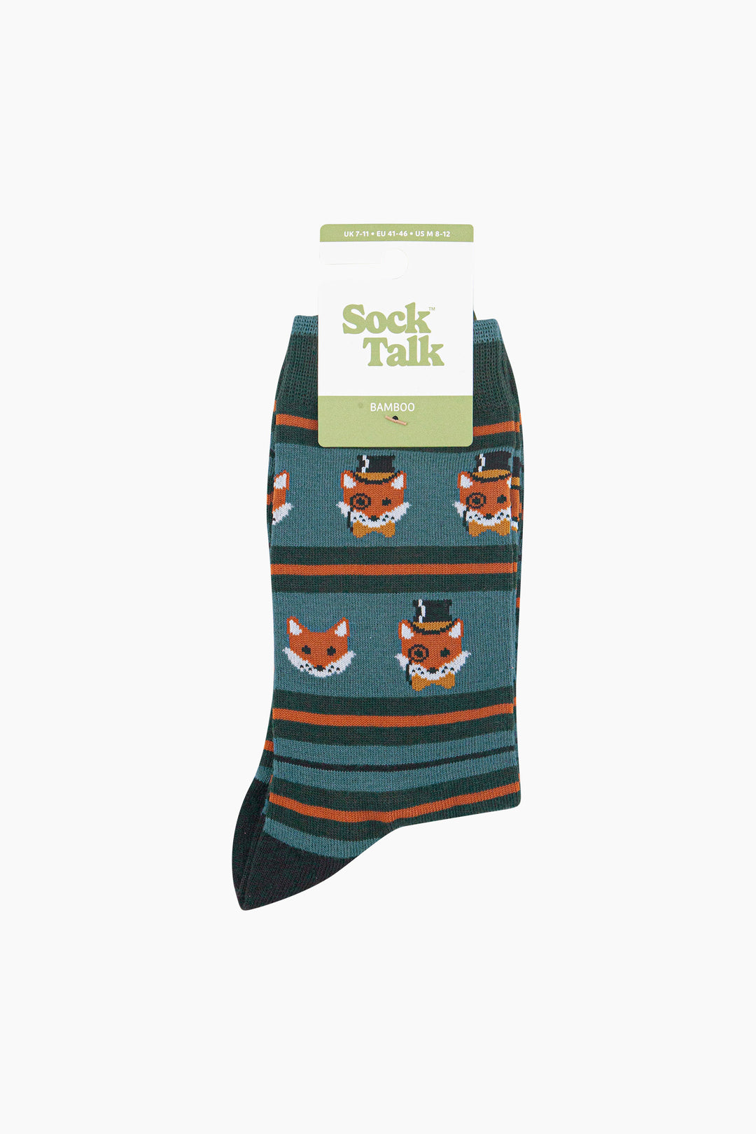 Dapper-Fox-Stripe-Men's-Bamboo-Socks-in-Teal-Green-In-Packaging