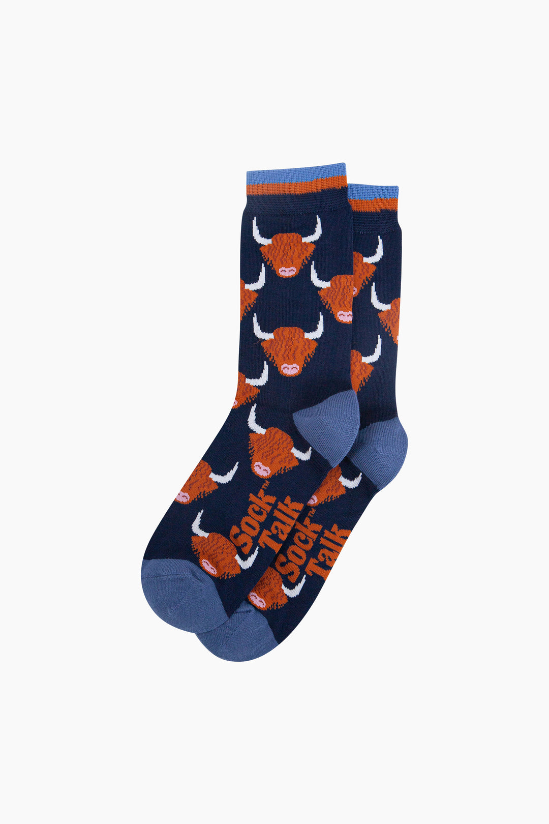 Highland-Cow-Bamboo-Socks-in-Navy-Blue-Lying-Flat
