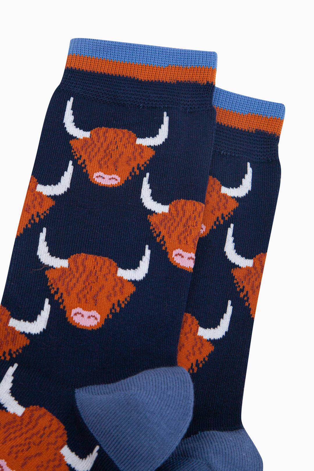 Highland-Cow-Bamboo-Socks-in-Navy-Blue-Closeup