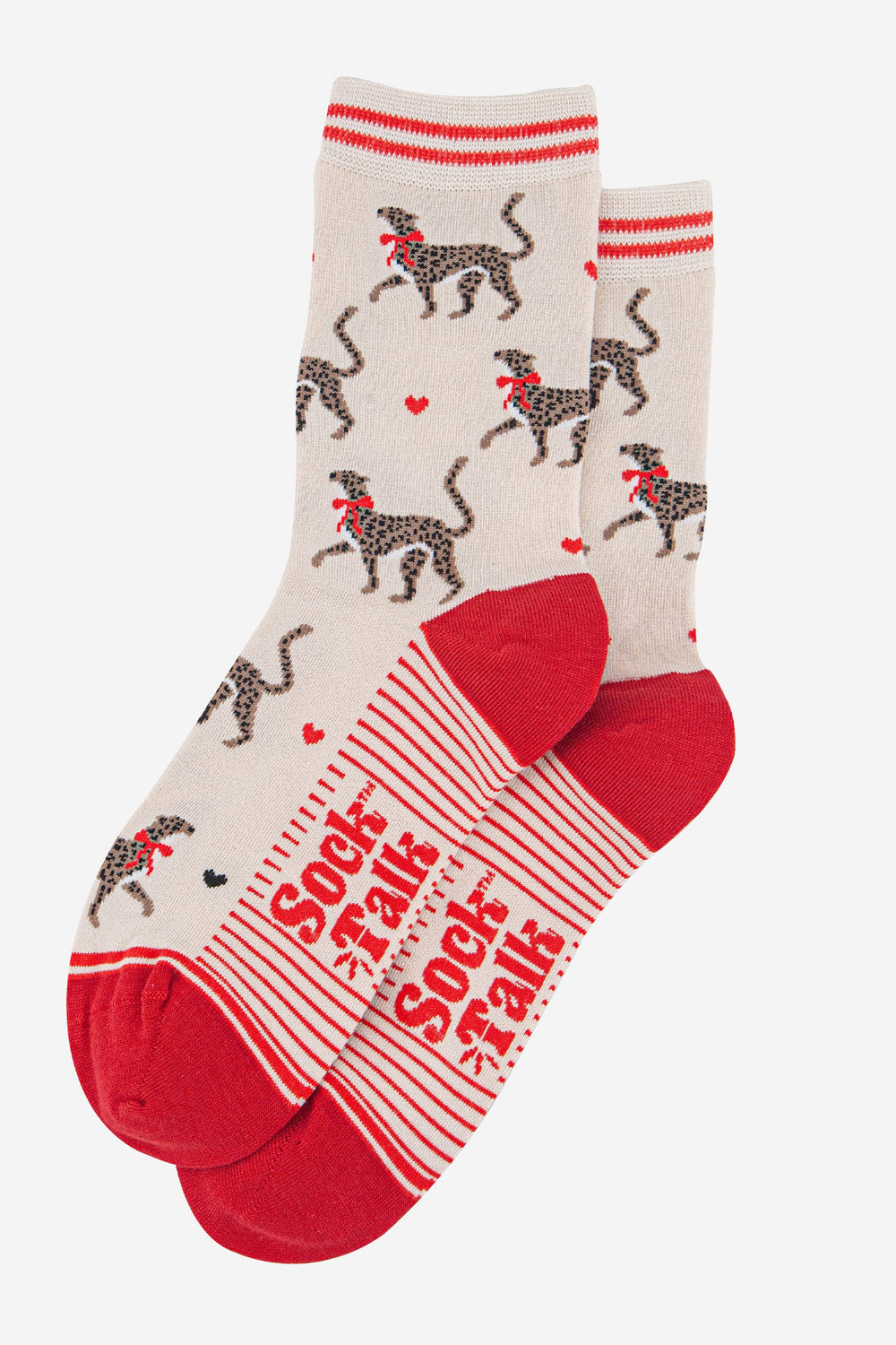 womens-bamboo-socks-cream-red-winter-cheetah-laying-flat
