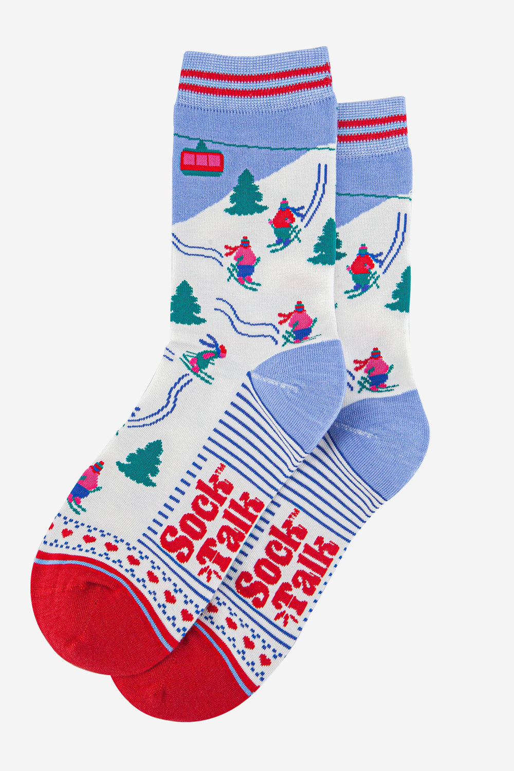 womens-bamboo-socks-sky-blue-red-mountain-ski-laying-flat