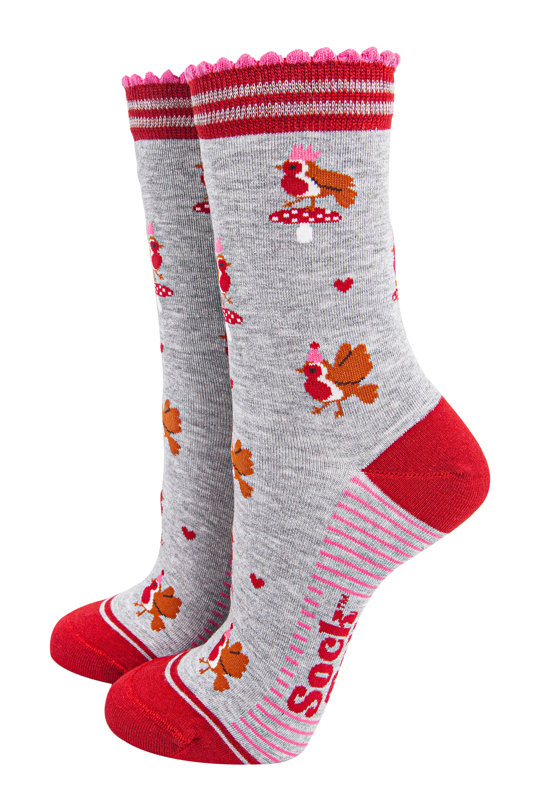 womens-bamboo-socks-light-grey-red-party-robins-christmas