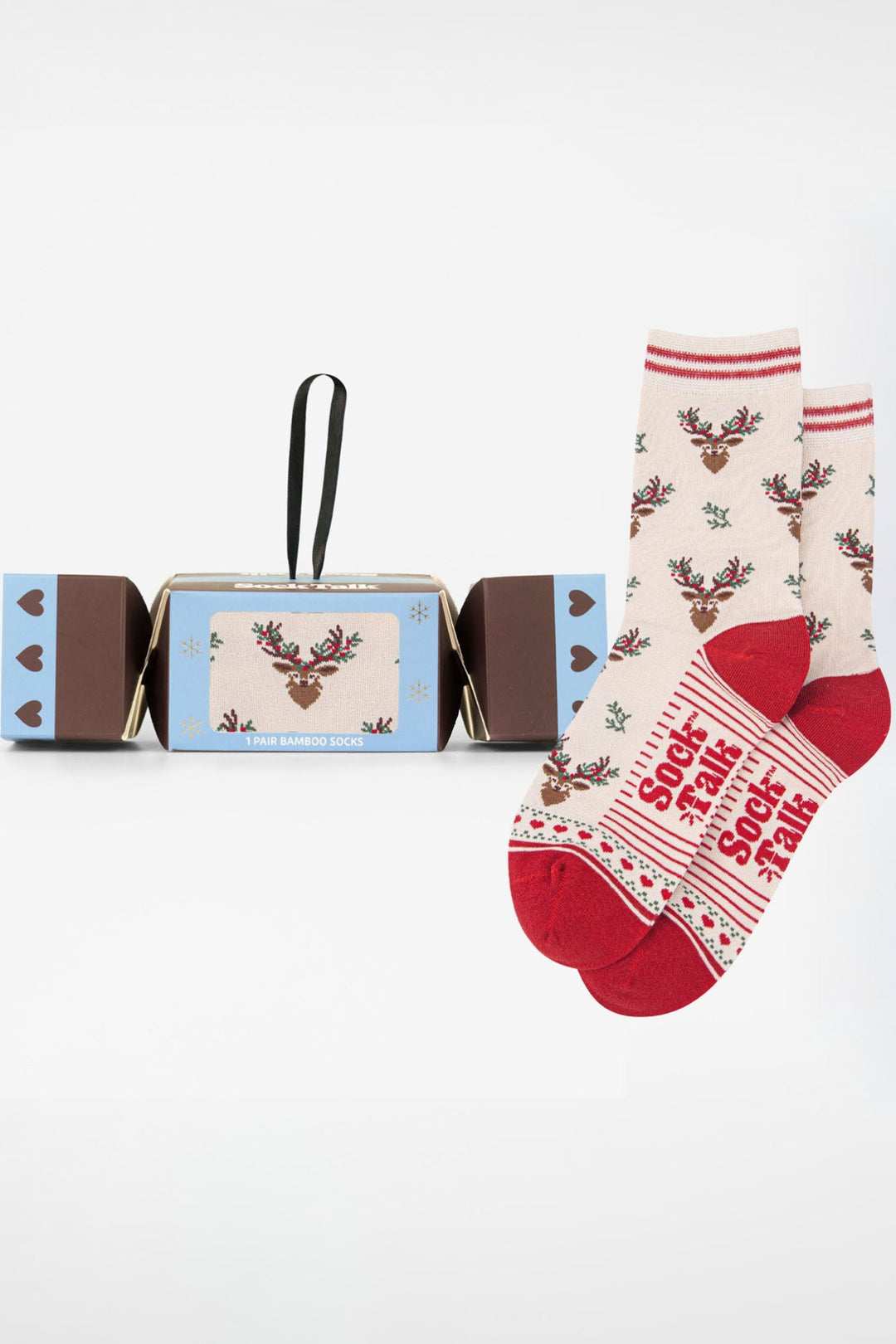 Stag-Floral-Bamboo-Crew-Socks-Christmas-Cracker-Gift-Box-in-Cream/Red
