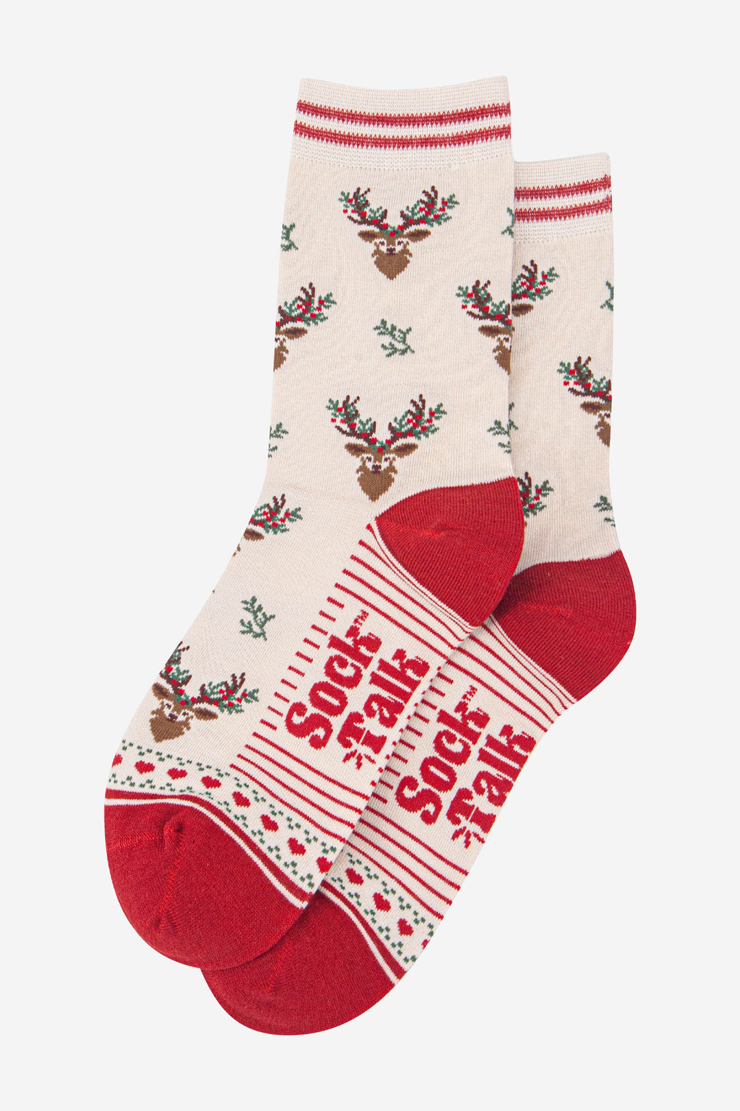 Stag-Floral-Bamboo-Crew-Socks-Christmas-Cracker-Gift-Box-in-Cream/Red