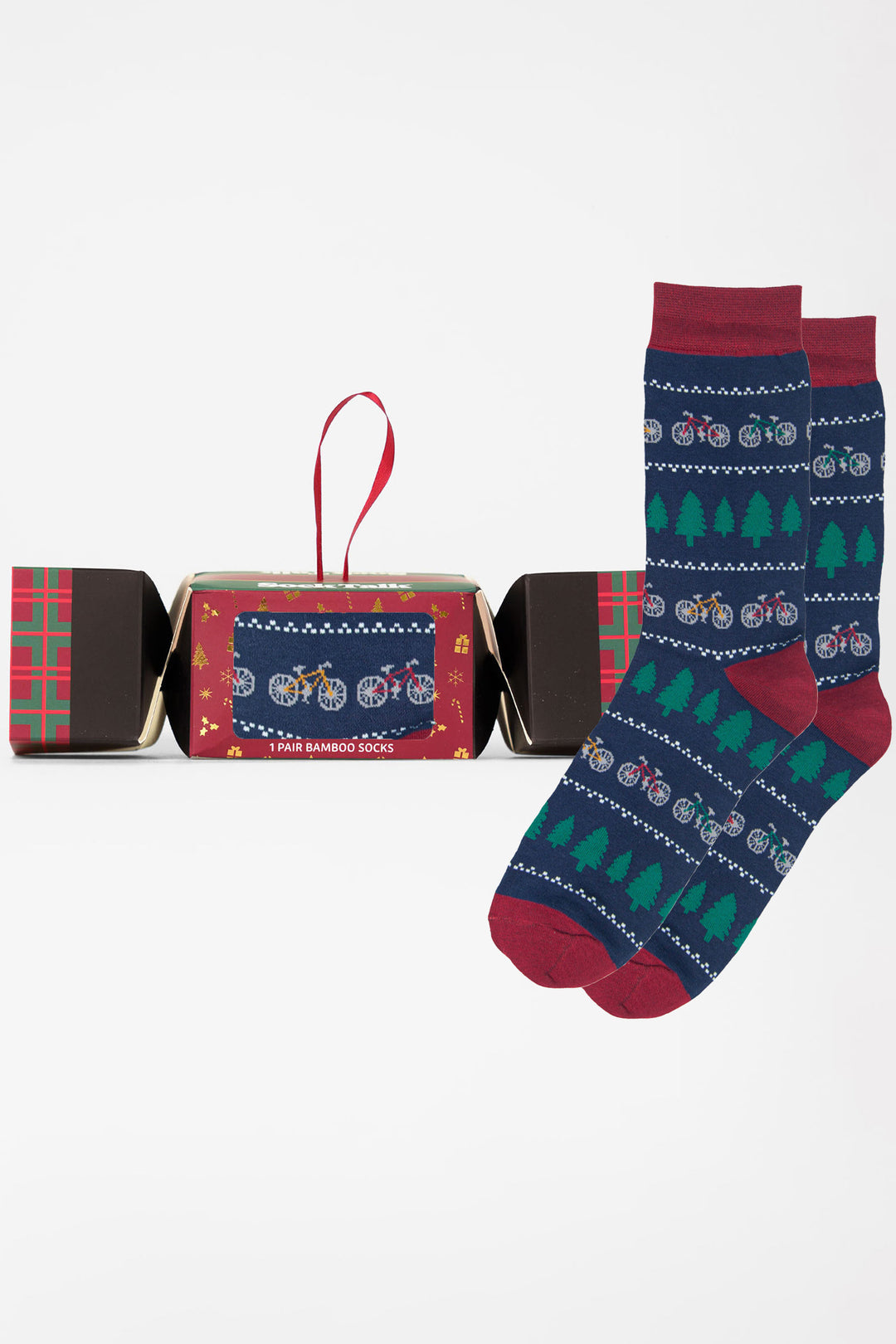 Bicycle-Fair-Isle-Bamboo-Crew-Socks-Christmas-Cracker-Gift-Box-in Navy-Blue