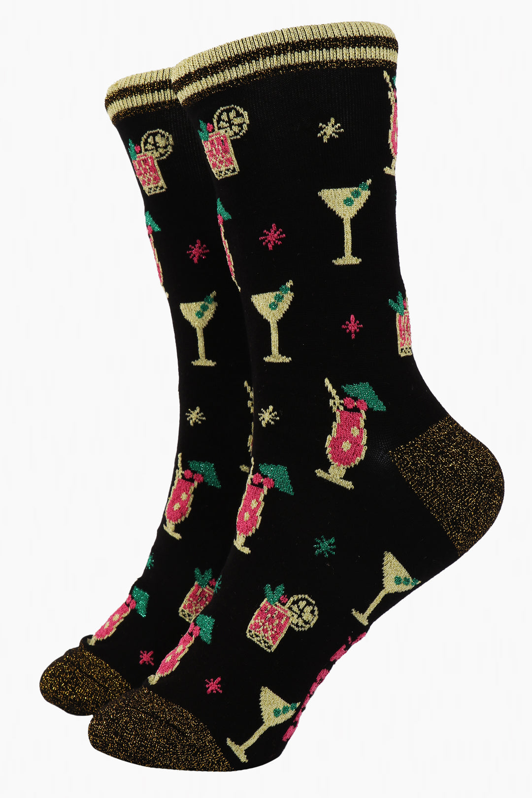 black socks with a pattern of pink cocktail glasses and gold sparkly heel, toe and cuff