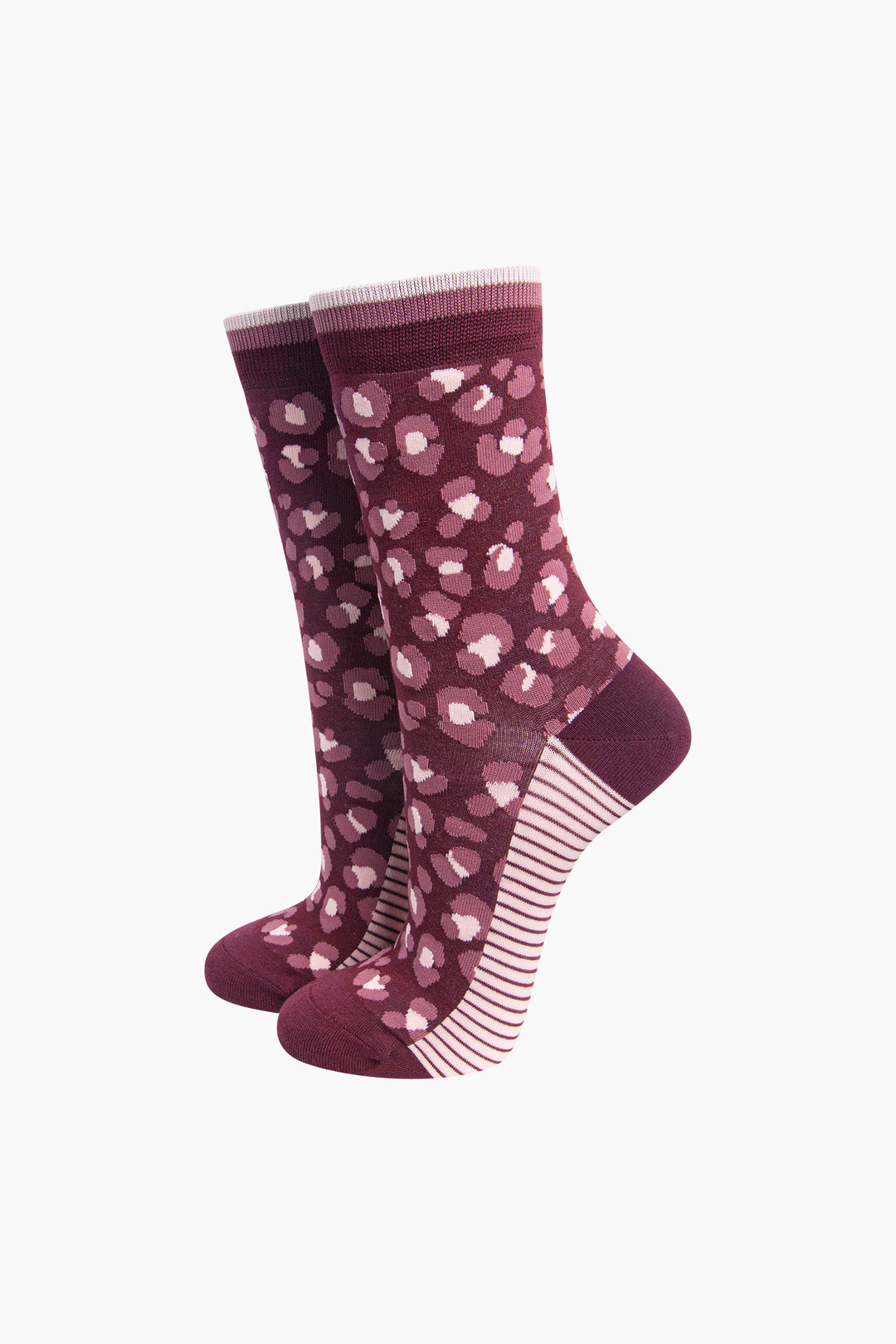 Leopard-Print-Women's-Bamboo-Socks-in-Burgundy-On-Mannequin