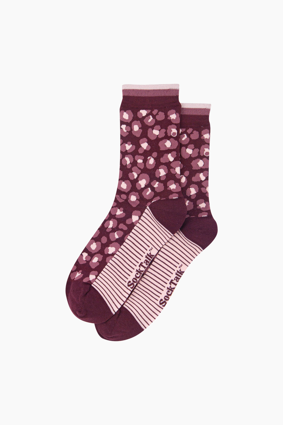 Leopard-Print-Women's-Bamboo-Socks-in-Burgundy-Laid-Flat