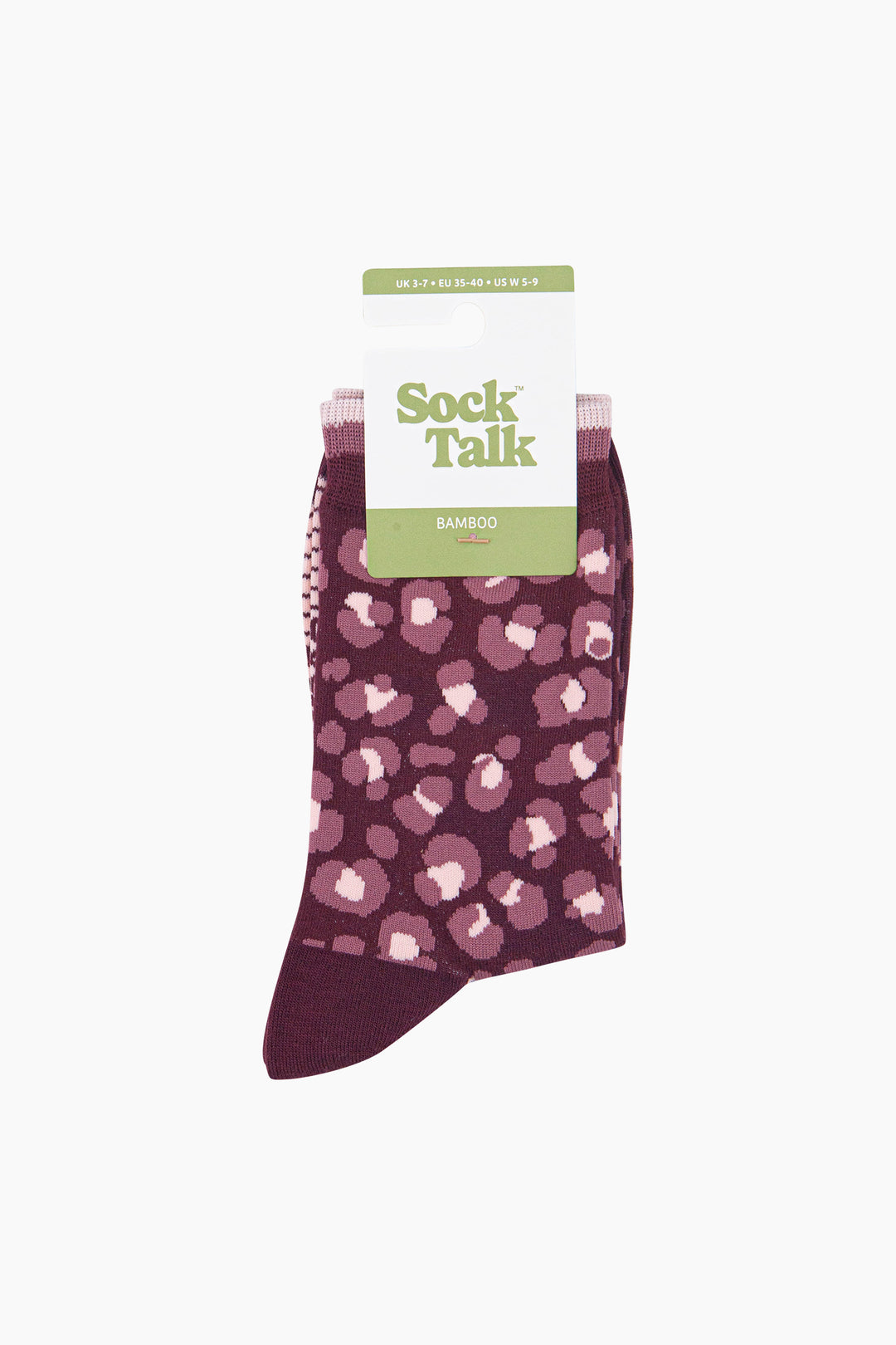 Leopard-Print-Women's-Bamboo-Socks-in-Burgundy-In-Packaging